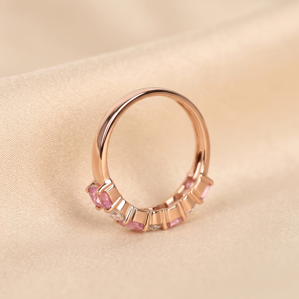Pink Gemstone Emerald & Round Lab Grown Diamond Band in 14K Rose Gold 1 CTW