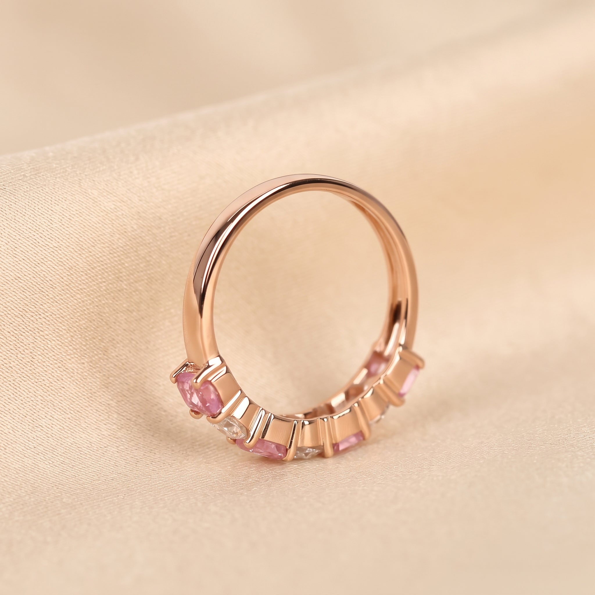 Pink Gemstone Emerald & Round Lab Grown Diamond Band in 14K Rose Gold 1 CTW