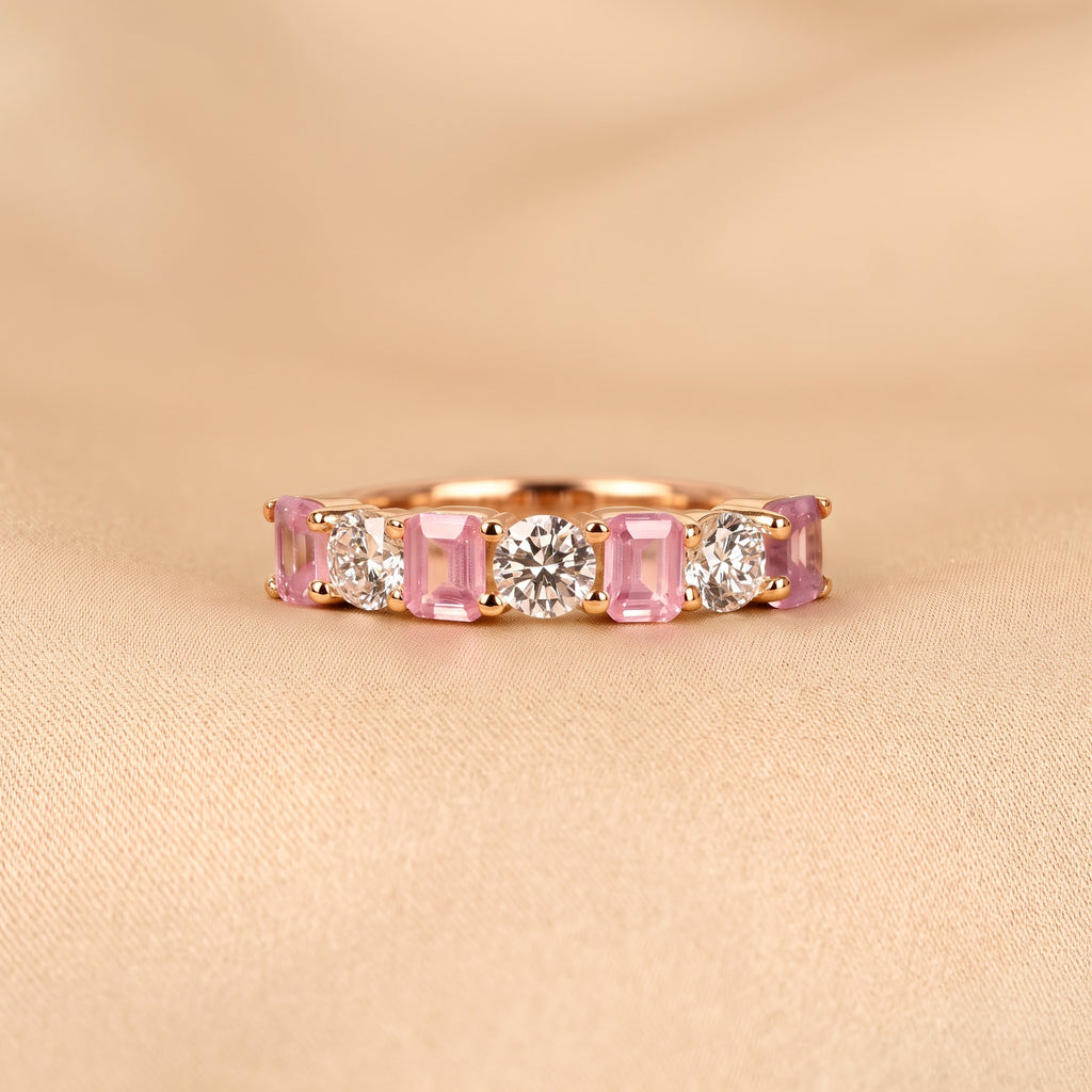 Pink Gemstone Emerald & Round Lab Grown Diamond Band in 14K Rose Gold 1 CTW