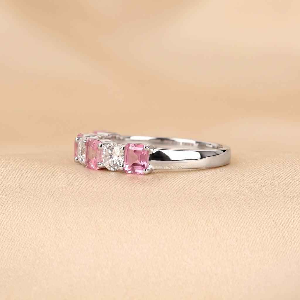 Pink Gemstone Emerald & Round Lab Grown Diamond Band in 14K White Gold 1 CTW