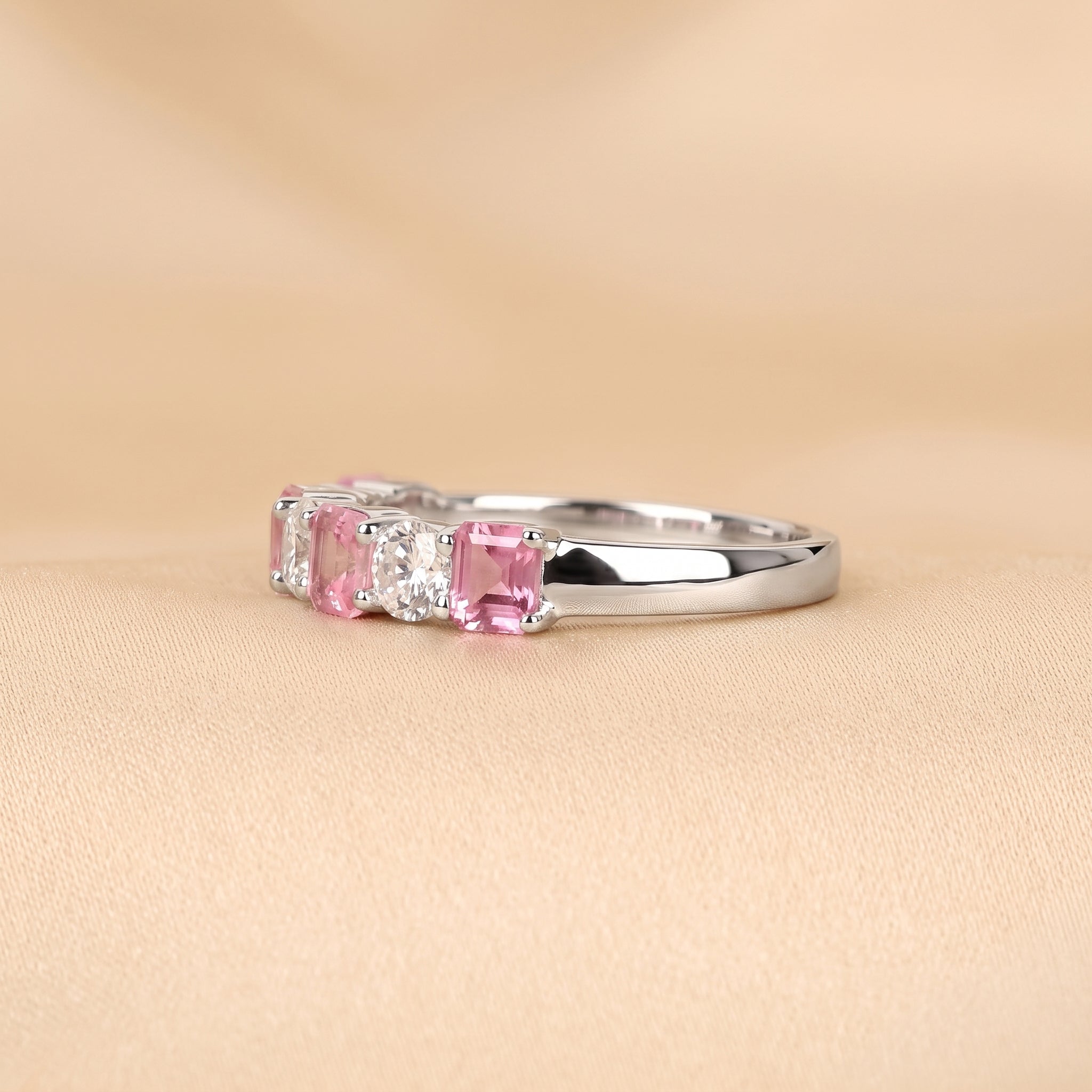 Pink Gemstone Emerald & Round Lab Grown Diamond Band in 14K White Gold 1 CTW