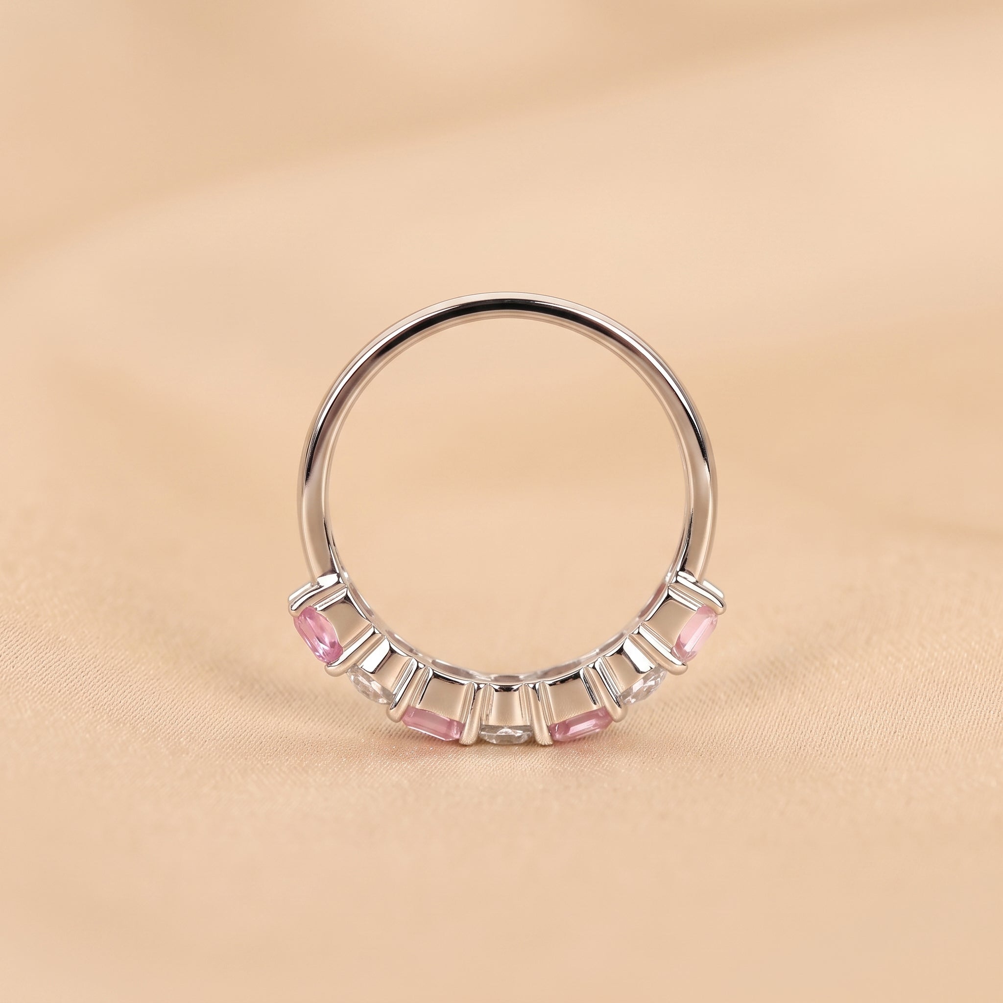 Pink Gemstone Emerald & Round Lab Grown Diamond Band in 14K White Gold 1 CTW