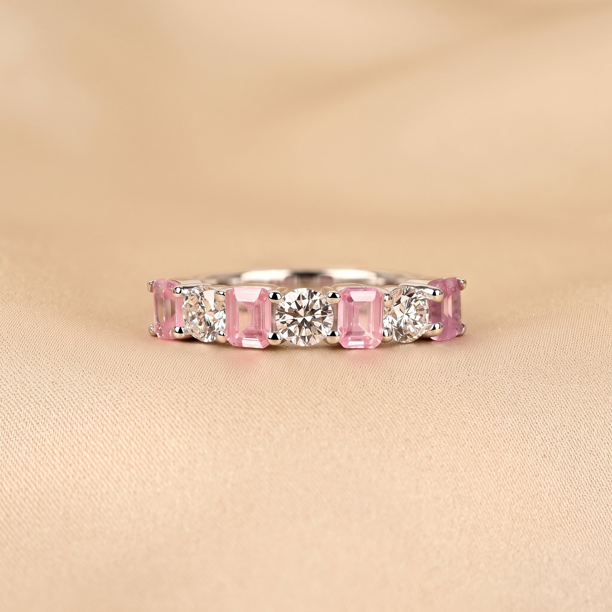 Pink Gemstone Emerald & Round Lab Grown Diamond Band in 14K White Gold 1 CTW