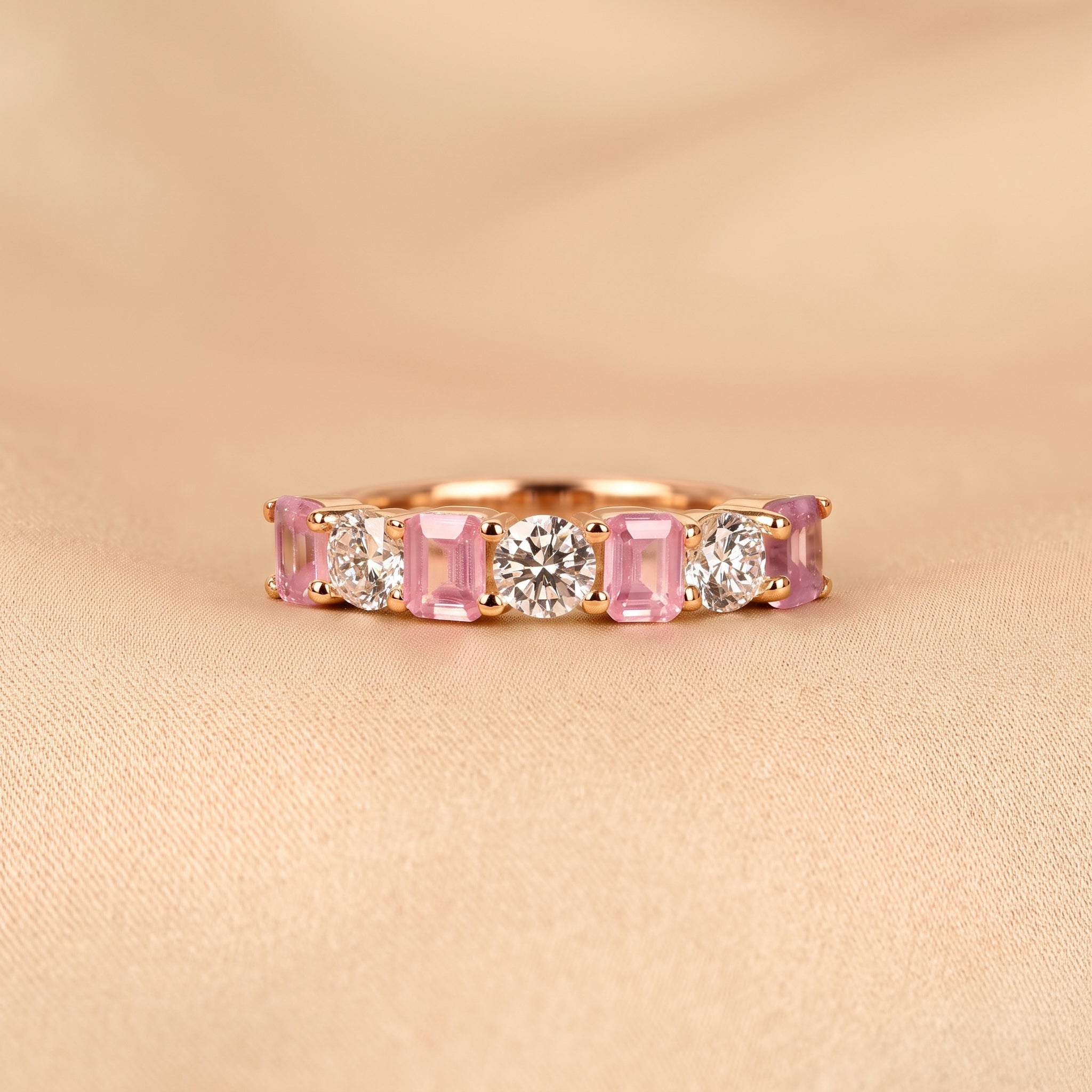 Pink Gemstone Emerald & Round Lab Grown Diamond Band in 18K Rose Gold 1 CTW