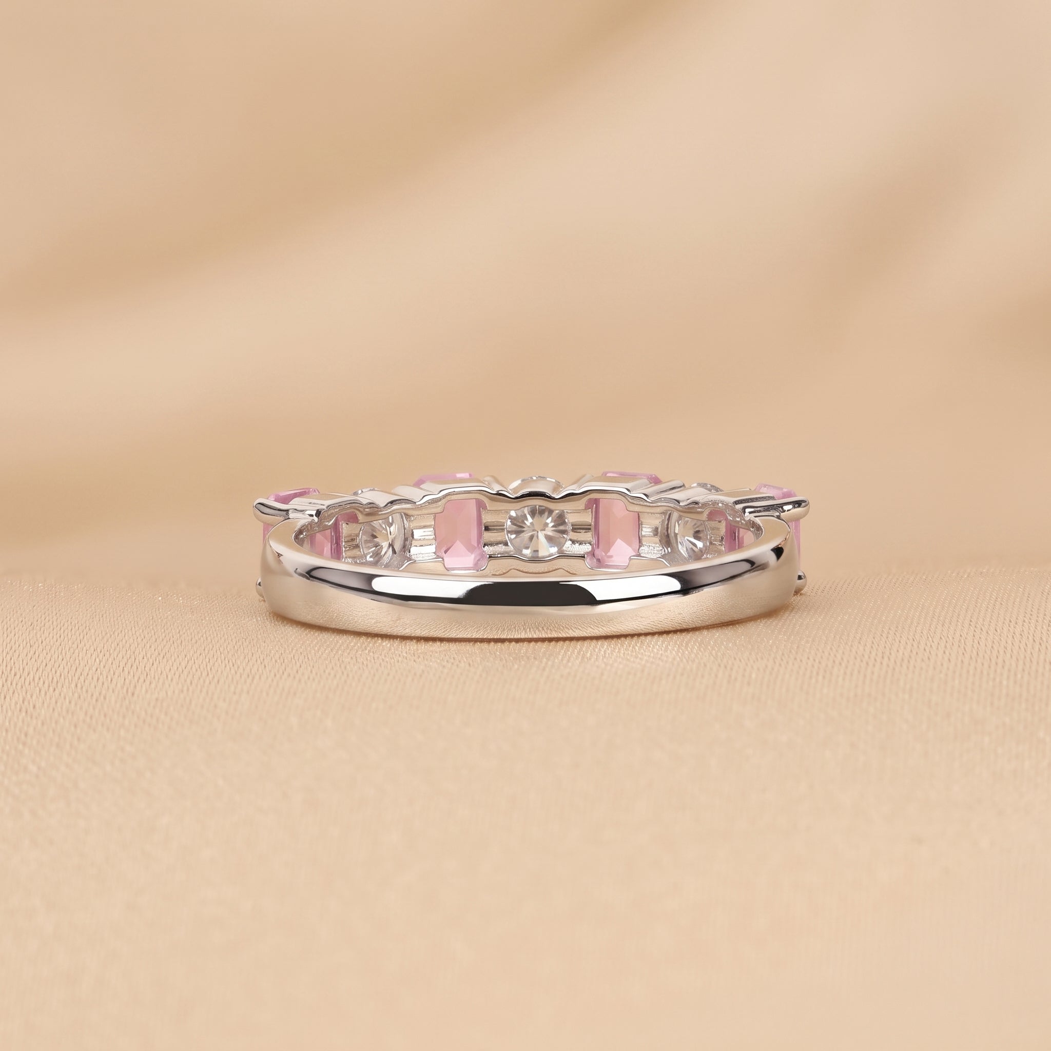 Pink Gemstone Emerald & Round Lab Grown Diamond Band in 18K White Gold 1 CTW