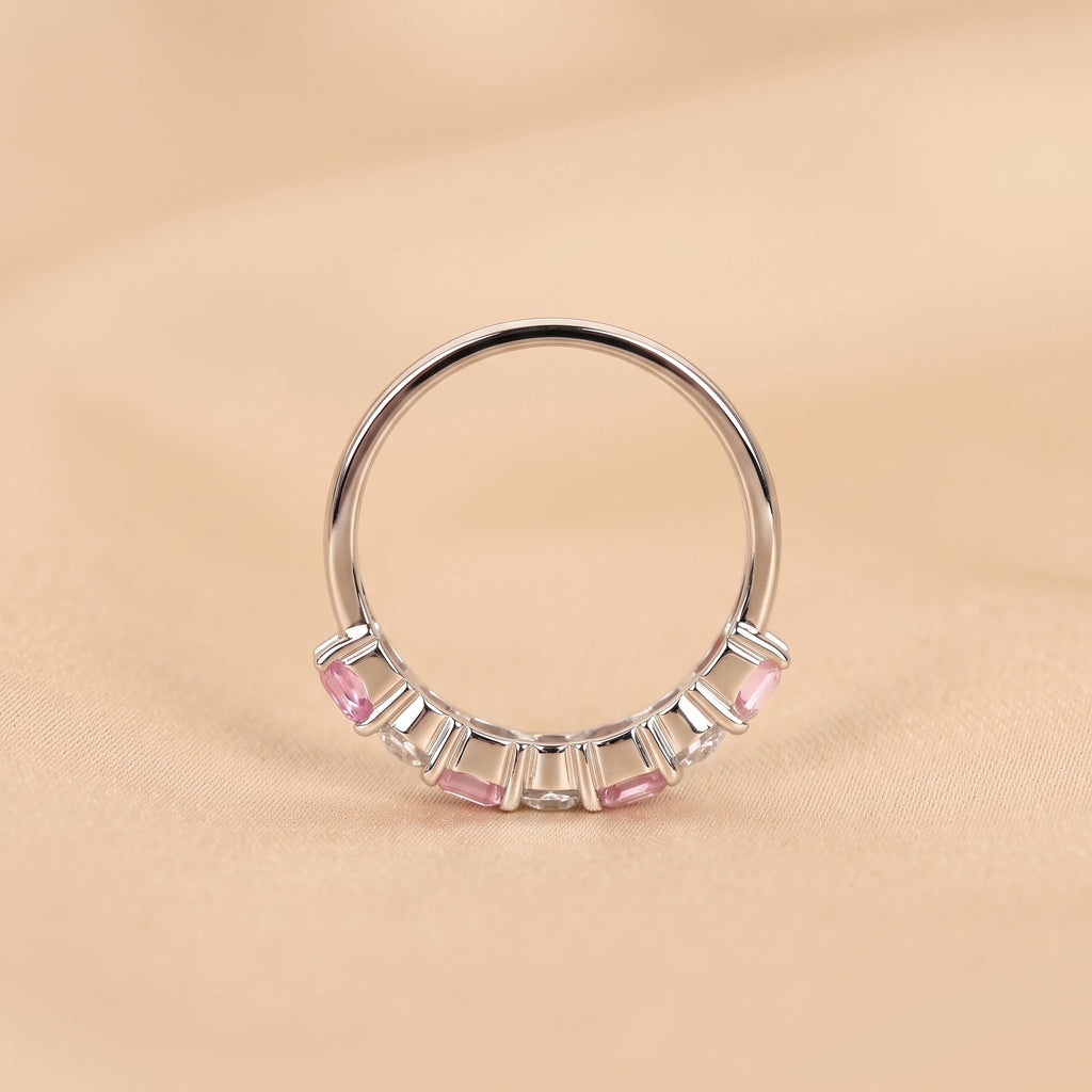 Pink Gemstone Emerald & Round Lab Grown Diamond Band in 18K White Gold 1 CTW