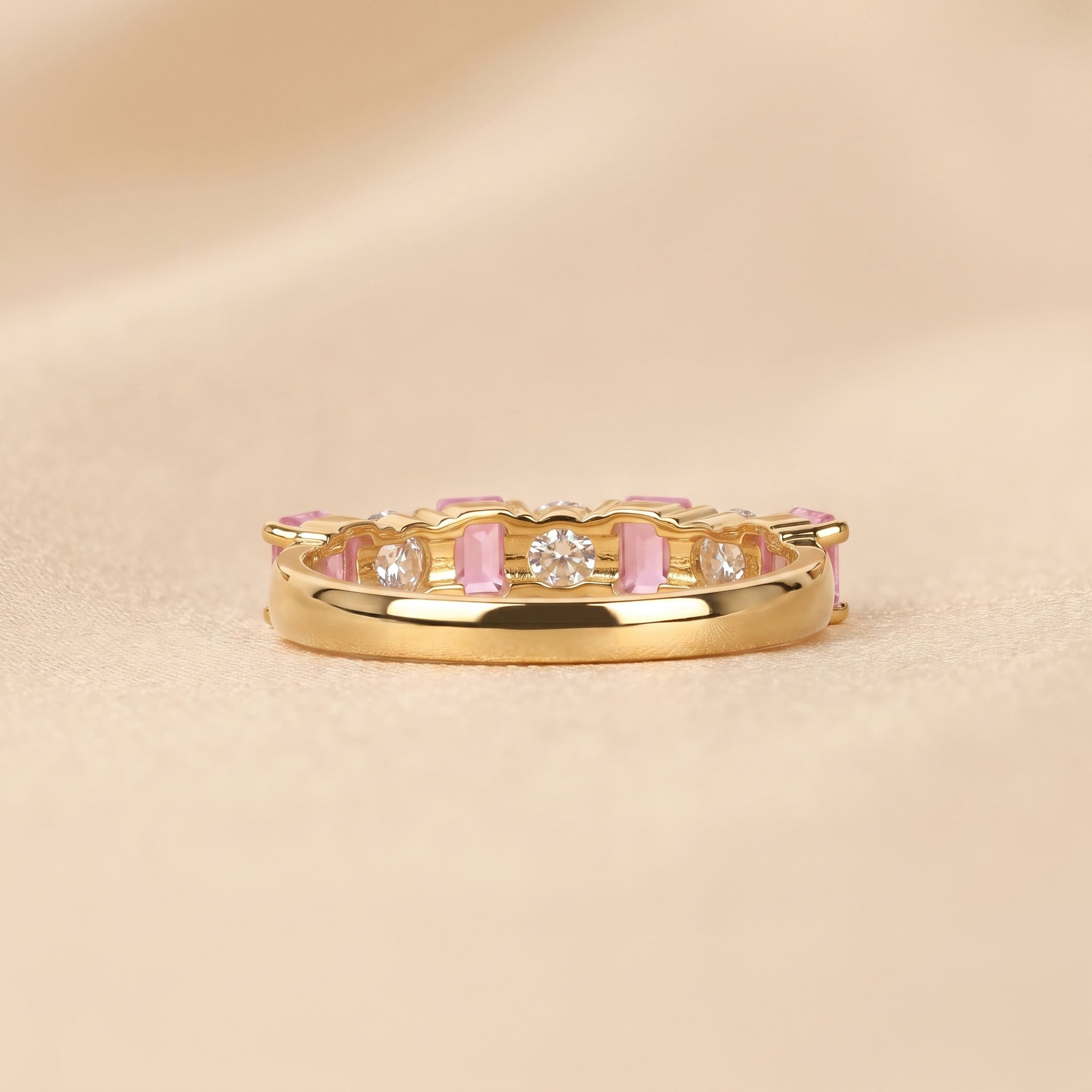 Pink Gemstone Emerald & Round Lab Grown Diamond Band in 18K Yellow Gold 1 CTW