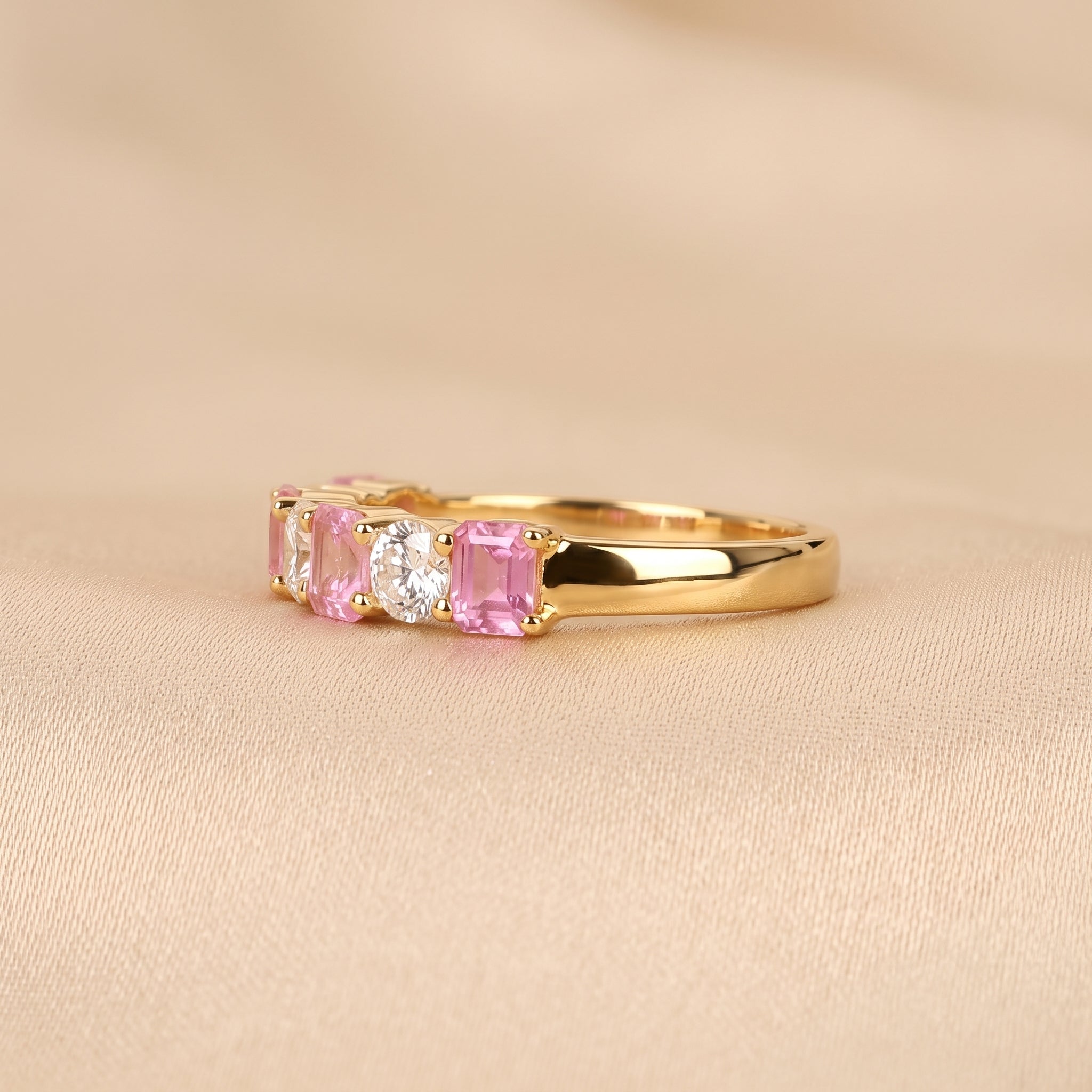 Pink Gemstone Emerald & Round Lab Grown Diamond Band in 18K Yellow Gold 1 CTW