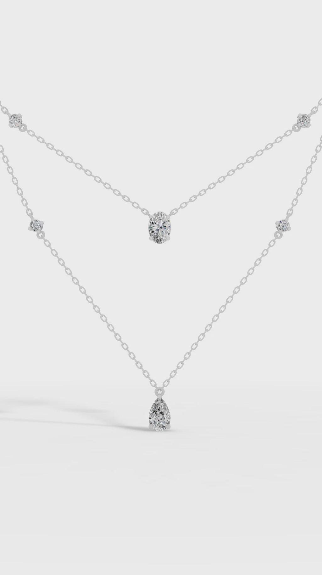 Delicate Layered Necklace With Pear, Oval & Round Cut With Chain 10K White Gold 2.5 CTW