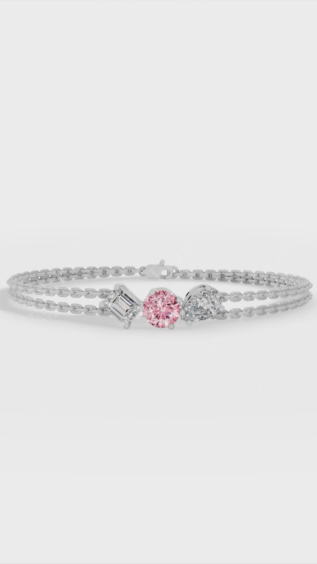 Trio Of Light Pink Rounds With Pear & Emerald Cut Delicate Double-Chain Bracelet Moissanite and Sterling Silver 0.9 CTW
