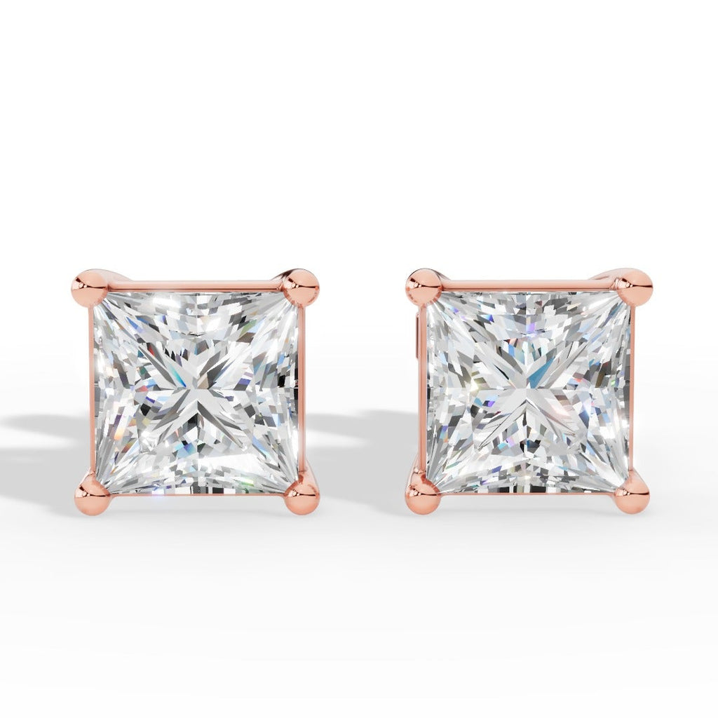 Princess Cut Solitaire Four Prong Basket Lab Grown Diamond Stud Earrings 14k Rose Gold