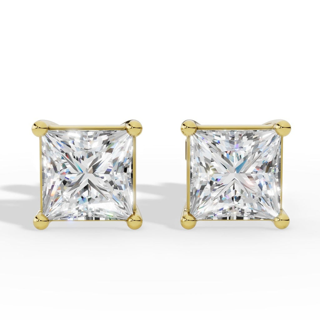 Princess Cut Solitaire Four Prong Basket Lab Grown Diamond Stud Earrings 14k Yellow Gold