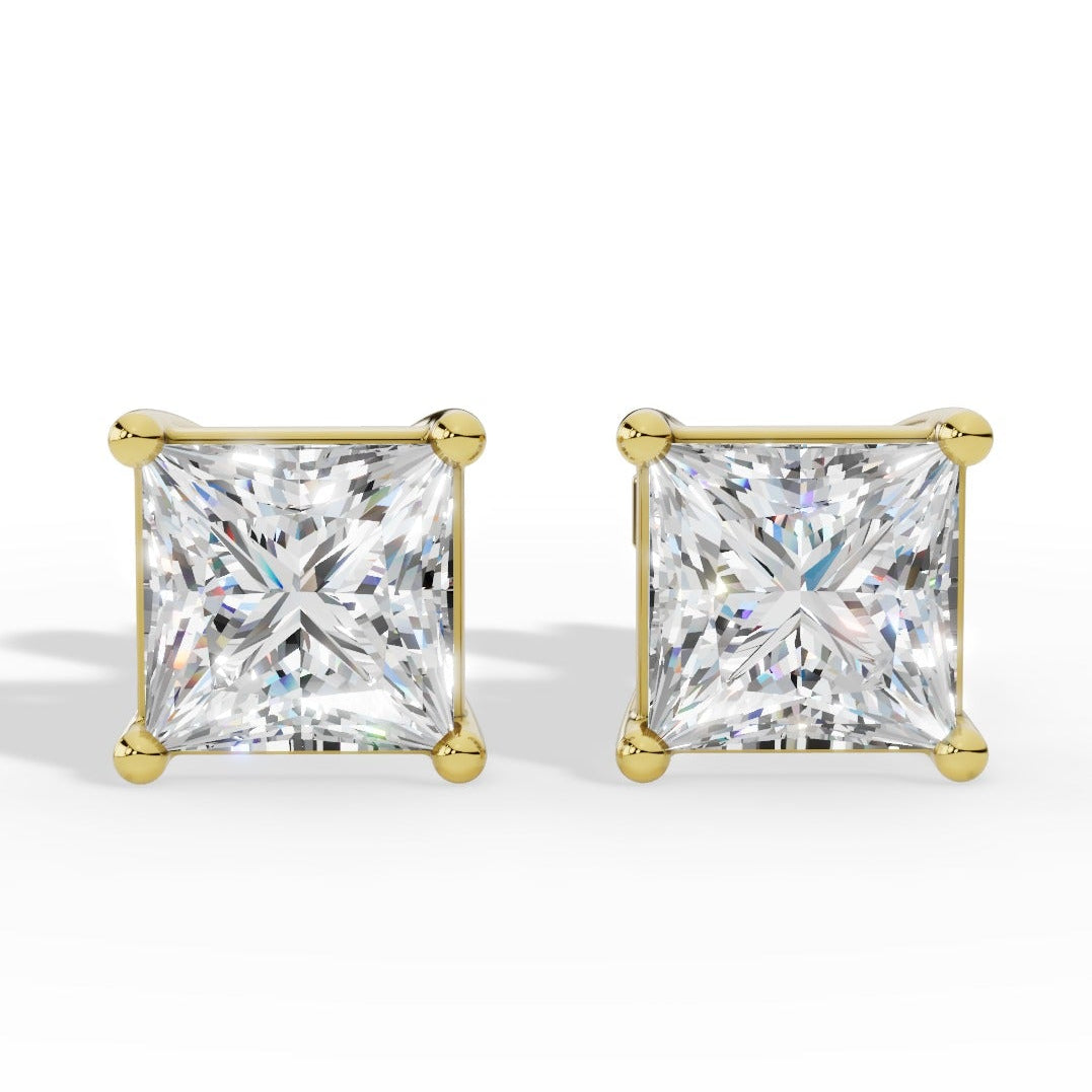 Princess Cut Solitaire Four Prong Basket Lab Grown Diamond Stud Earrings 14k Yellow Gold