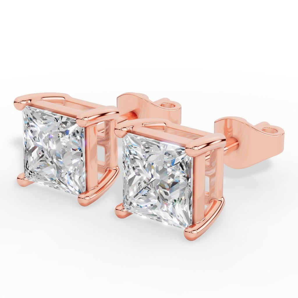Princess Cut Solitaire Four Prong Basket Lab Grown Diamond Stud Earrings 18k Rose Gold