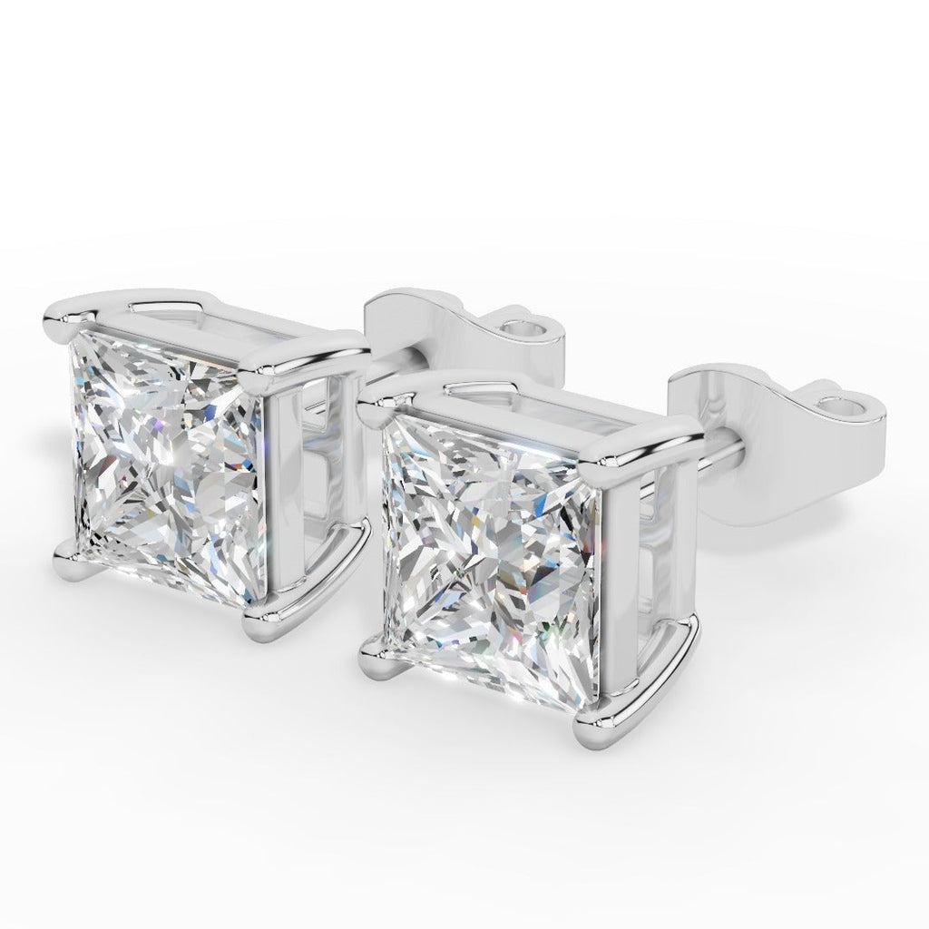 Princess Cut Solitaire Four Prong Basket Lab Grown Diamond Stud Earrings 18k White Gold