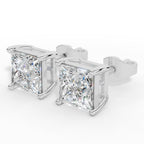 Princess Cut Solitaire Four Prong Basket Lab Grown Diamond Stud Earrings 18k White Gold