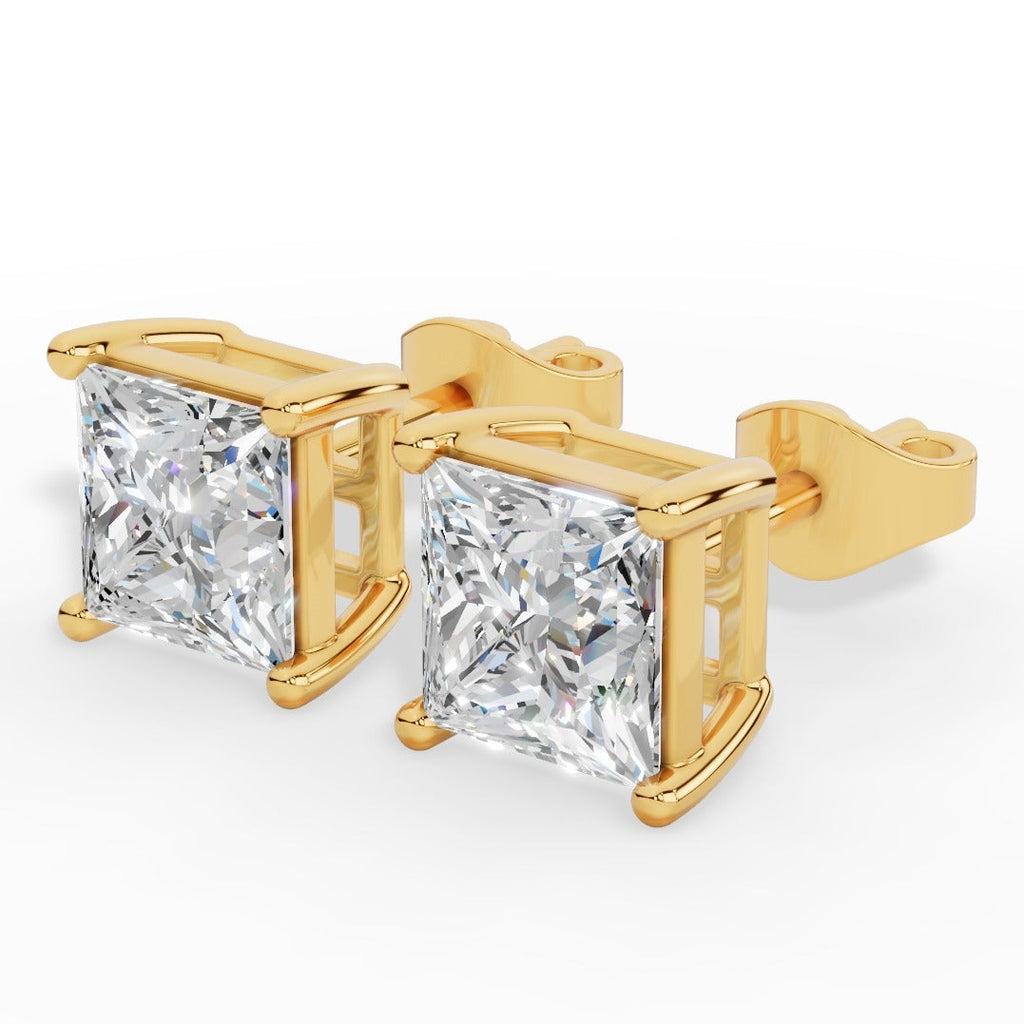 Princess Cut Solitaire Four Prong Basket Lab Grown Diamond Stud Earrings 18k Yellow Gold