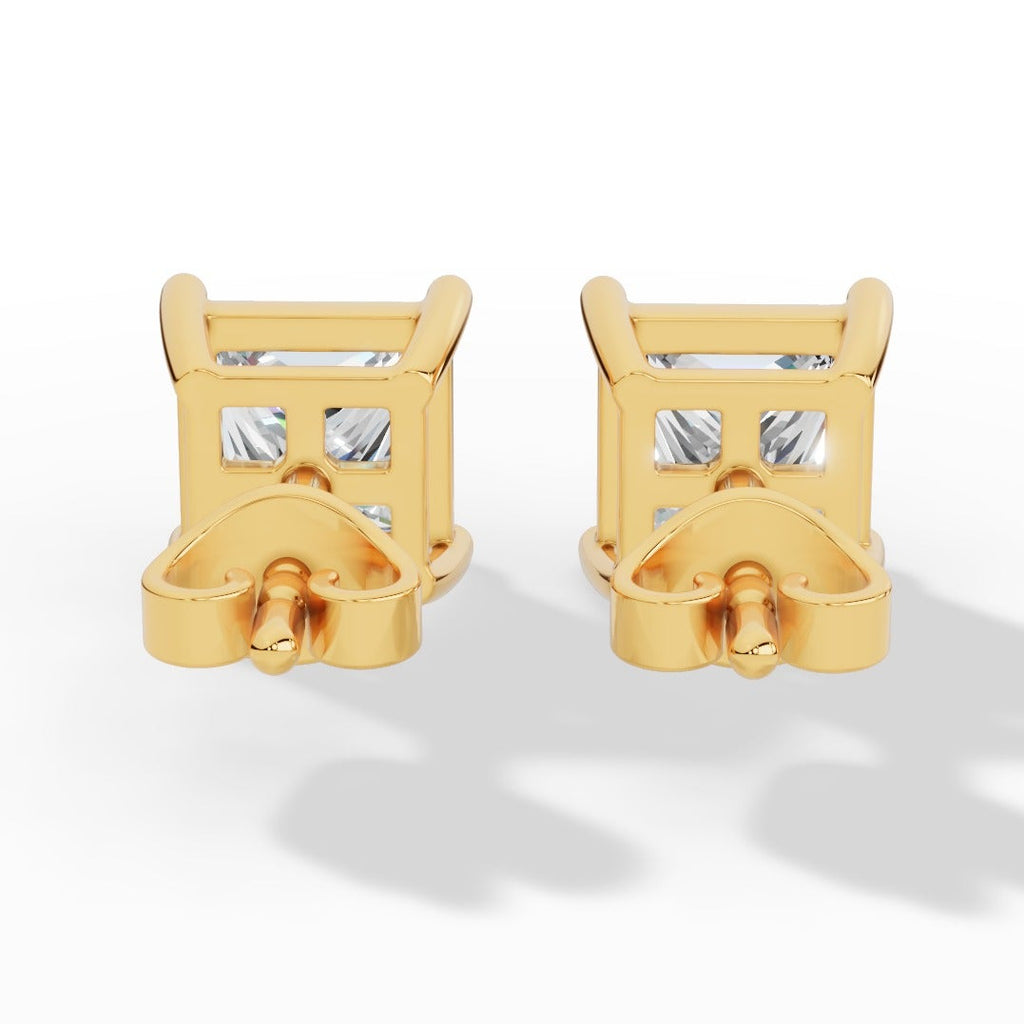 Princess Cut Solitaire Four Prong Basket Lab Grown Diamond Stud Earrings Yellow Gold Back