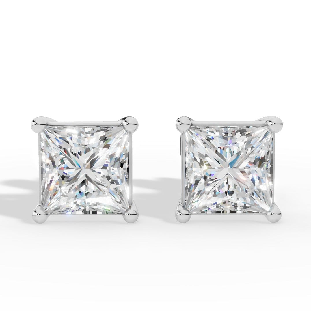 Princess Cut Solitaire Four Prong Basket Lab Grown Diamond Stud Earrings