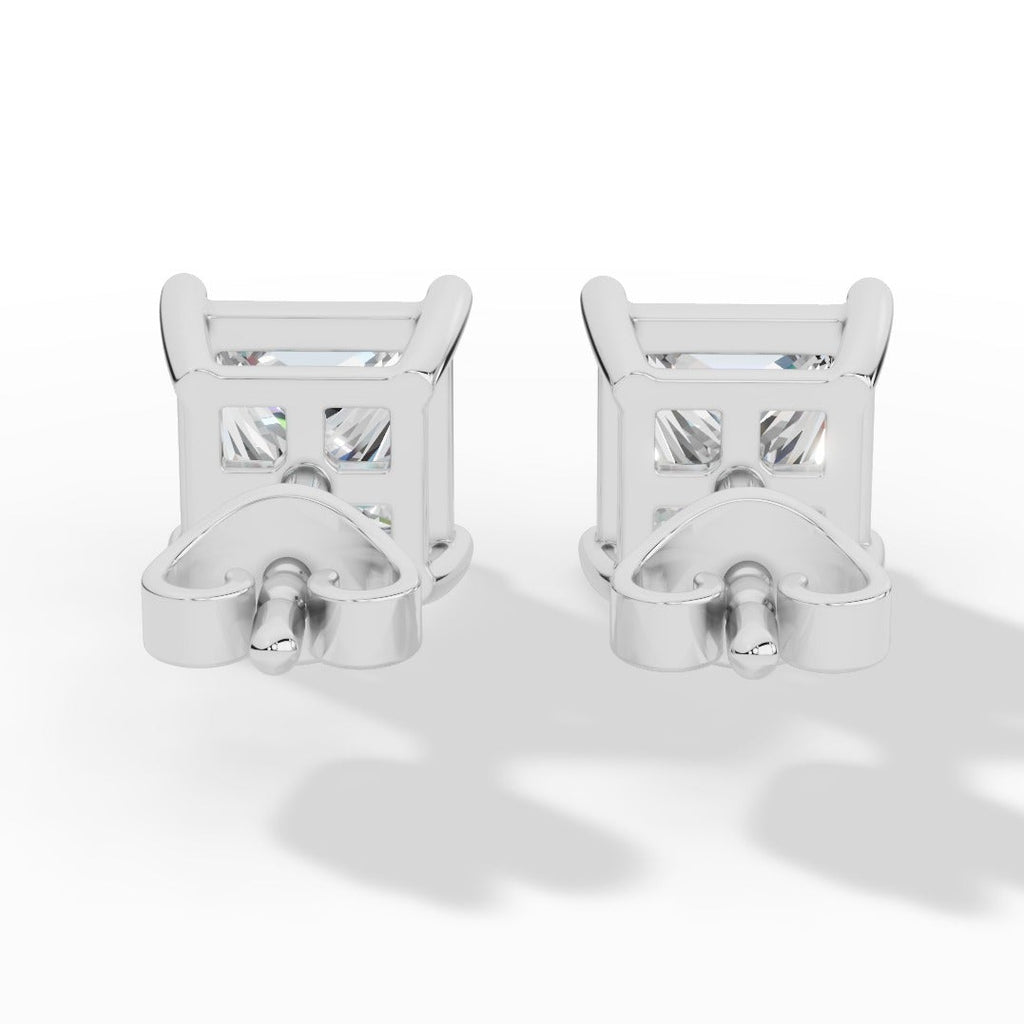 Princess Cut Solitaire Four Prong Basket Lab Grown Diamond Stud Earrings White Gold Back
