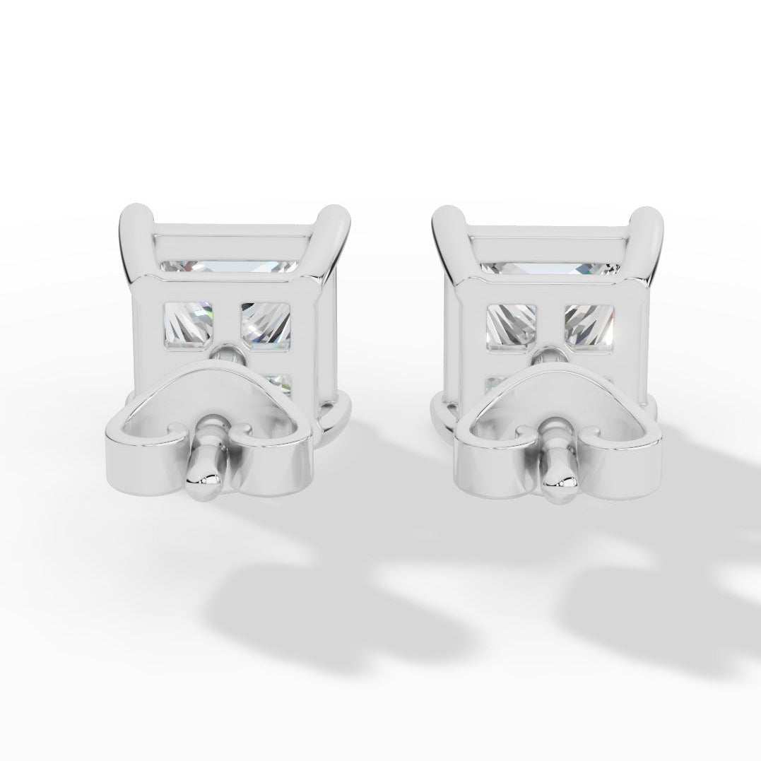 Princess Cut Solitaire Four Prong Basket Lab Grown Diamond Stud Earrings White Gold Back