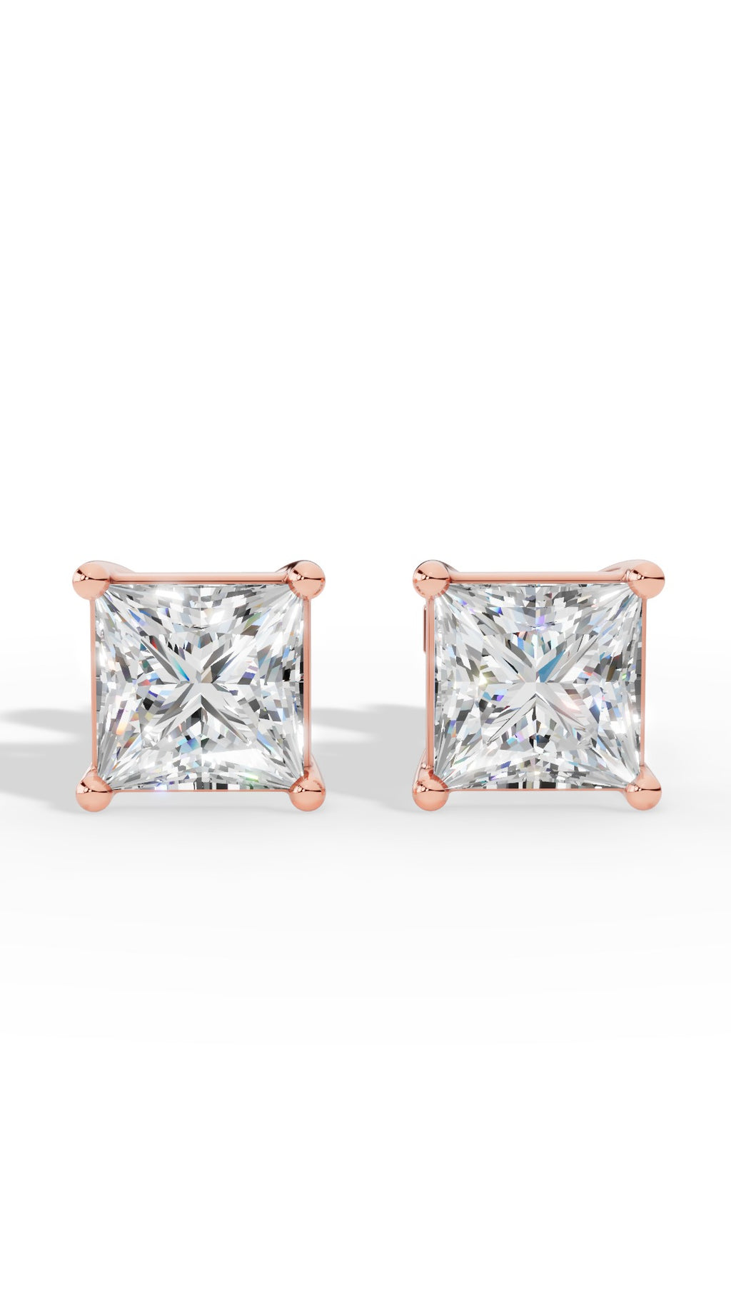 Princess Cut Solitaire Four Prong Basket Stud Earrings 10K Rose Gold 2.0 CTW
