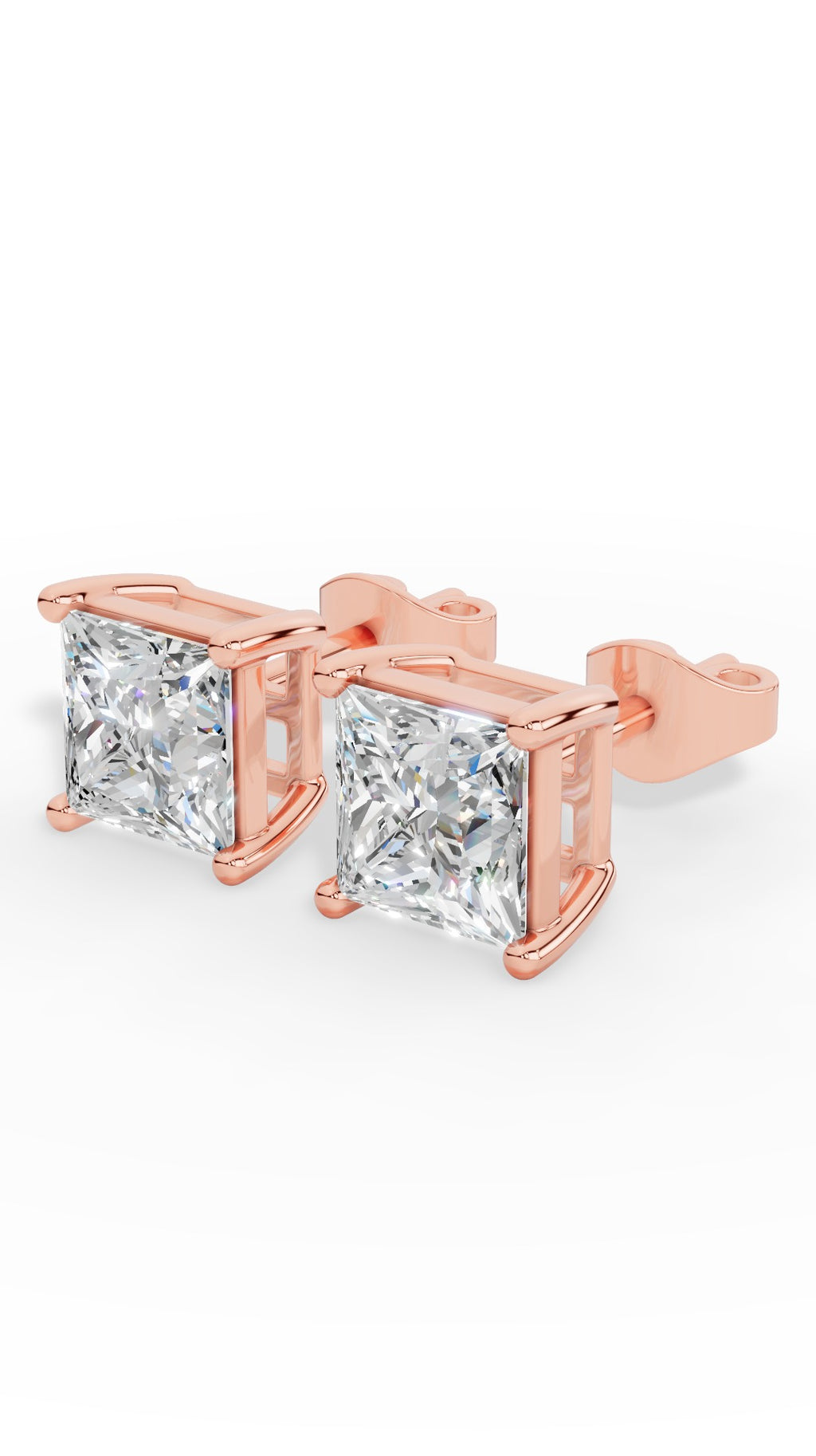 Princess Cut Solitaire Four Prong Basket Stud Earrings 14K Rose Gold 2.0 CTW