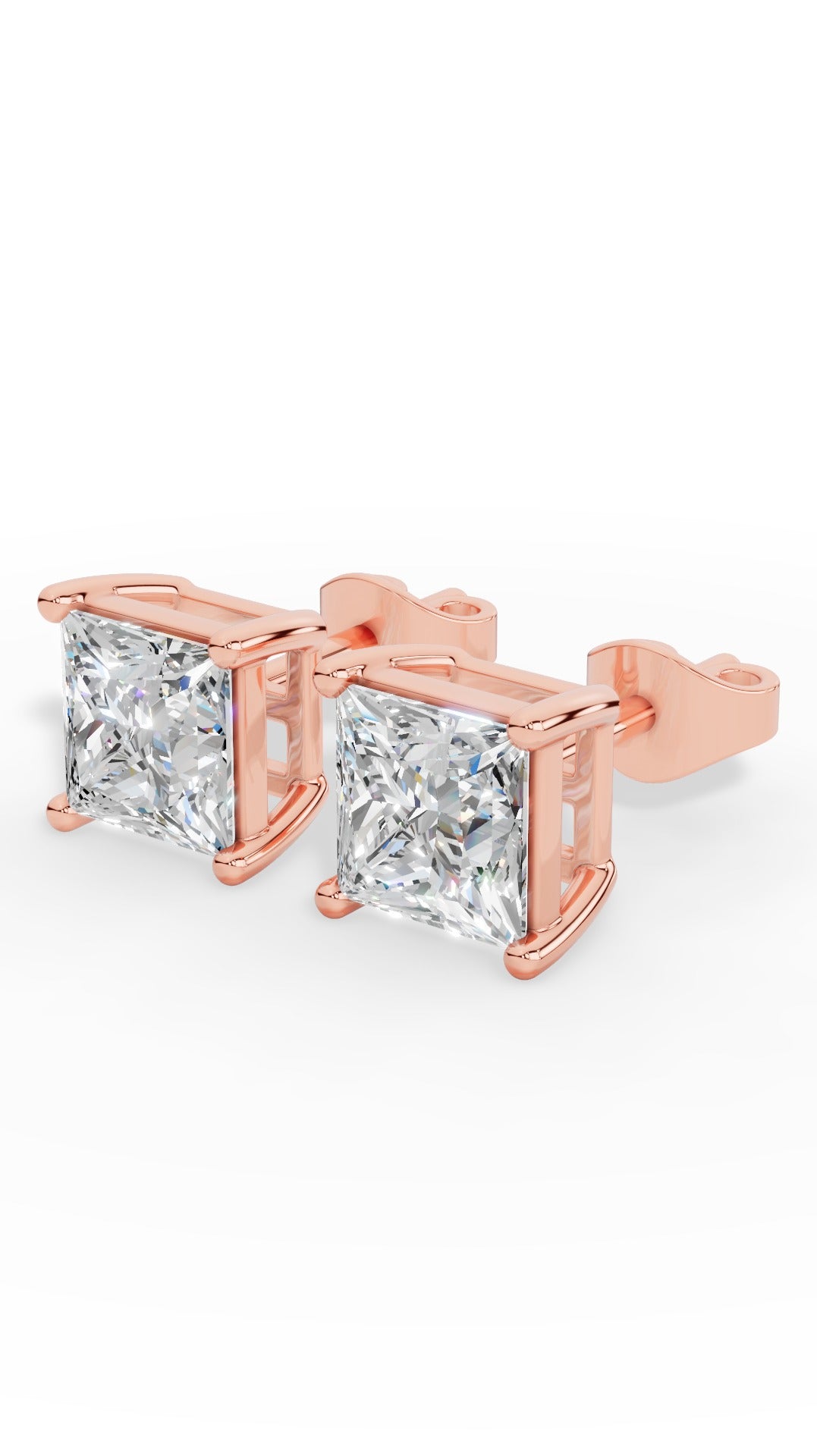 Princess Cut Solitaire Four Prong Basket Stud Earrings 14K Rose Gold 2.0 CTW