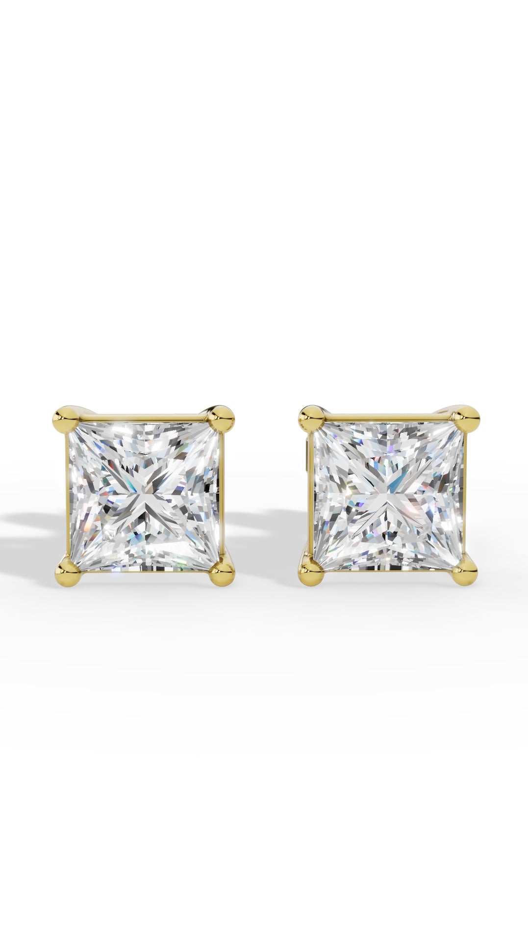 Princess Cut Solitaire Four Prong Basket Stud Earrings 14K Yellow Gold 2.0 CTW