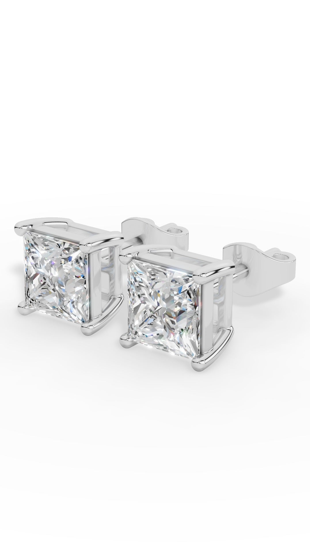 Princess Cut Solitaire Four Prong Basket Stud Earrings 18K White Gold 2.0 CTW