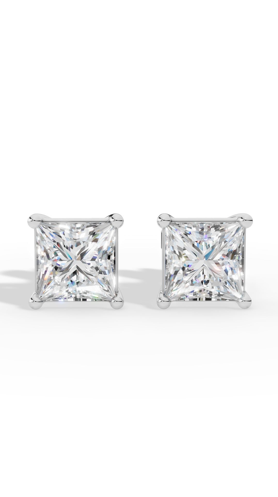 Princess Cut Solitaire Four Prong Basket Stud Earrings 18K White Gold 2.0 CTW