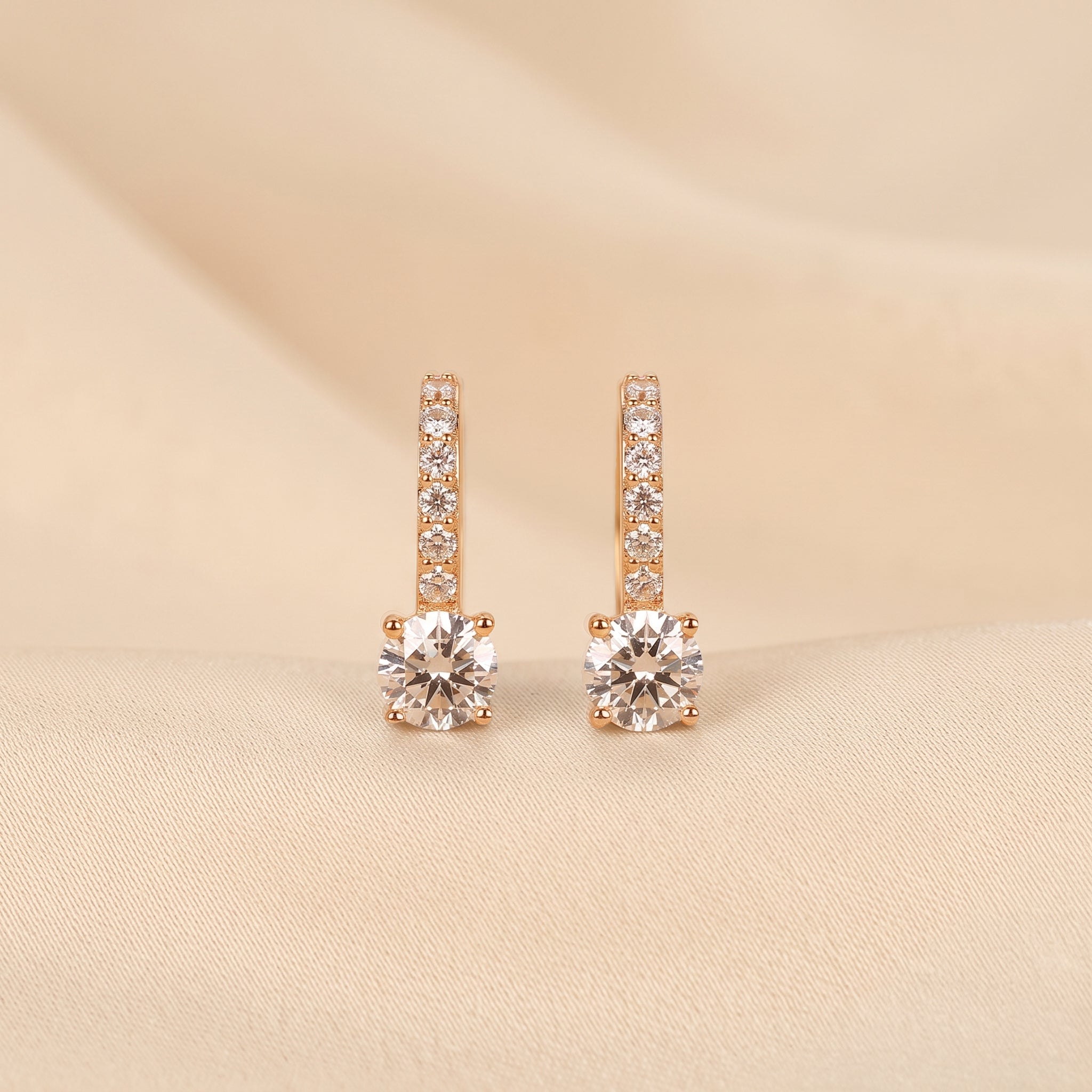 Round Lab Grown Diamond Drop Hoop Earrings in 18K Rose Gold 1 CTW