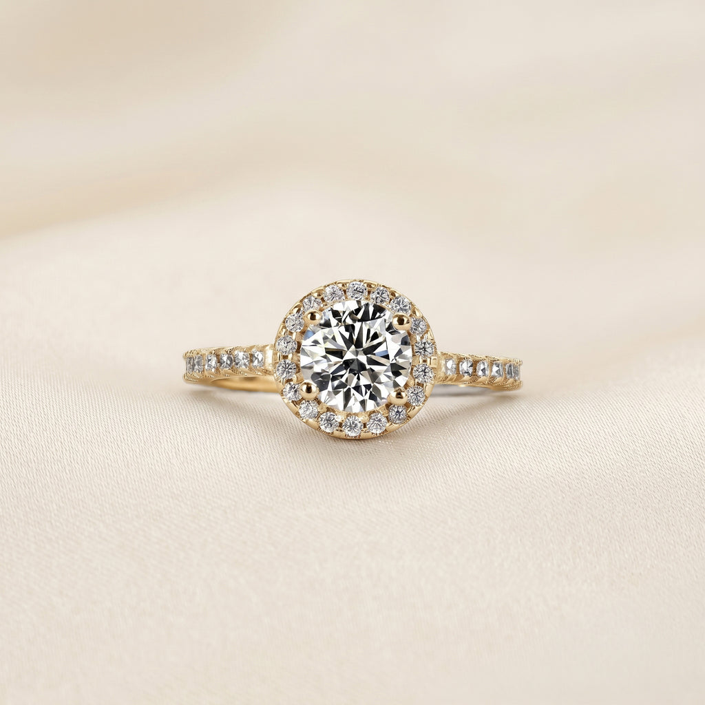 Round Lab Grown Diamond Pavé Halo Ring in 14K Yellow Gold 1.9 CTW