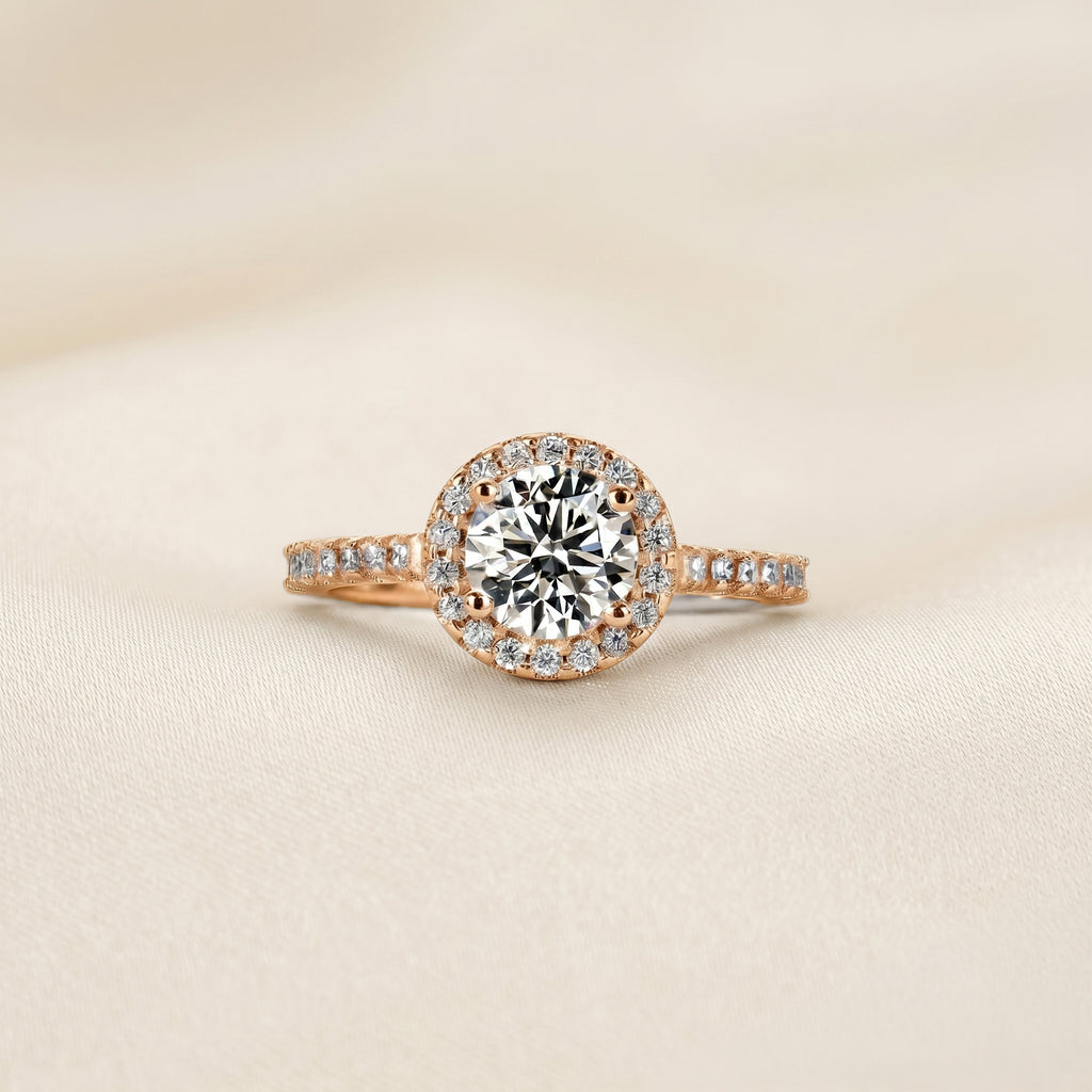 Round Lab Grown Diamond Pavé Halo Ring in 18K Rose Gold 1.9 CTW