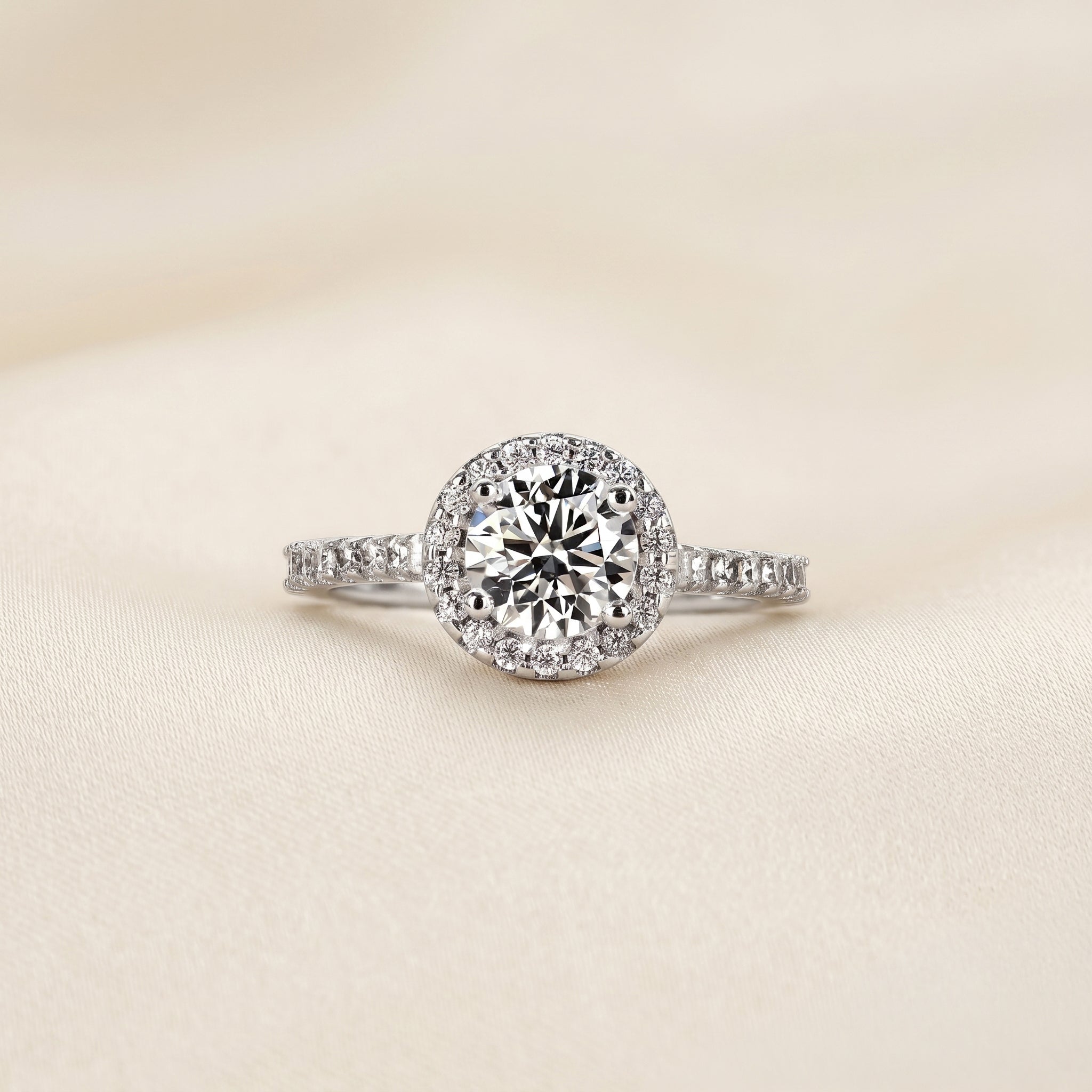 Round Lab Grown Diamond Pavé Halo Ring in 18K White Gold 1.9 CTW