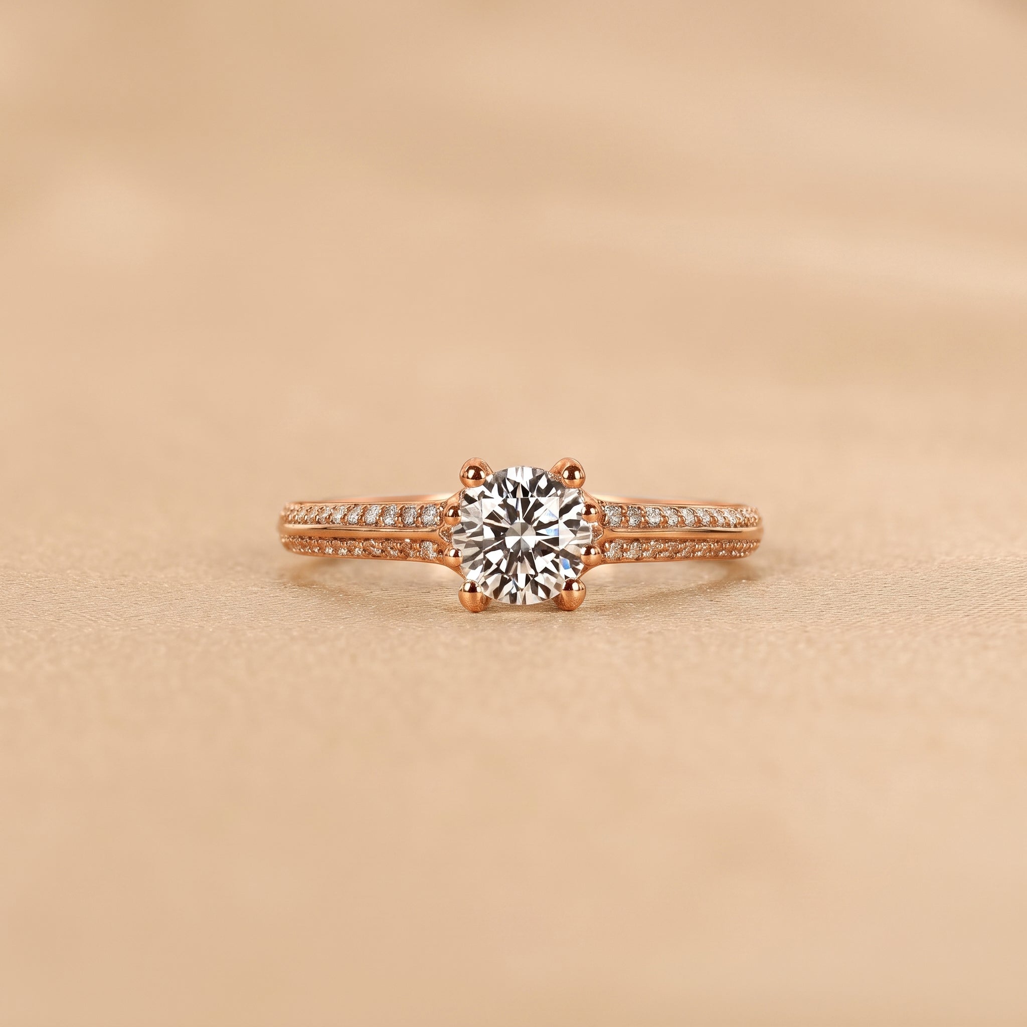 Round Lab Grown Diamond Ring with Pavé Accents in 14K Rose Gold 0.80 CTW