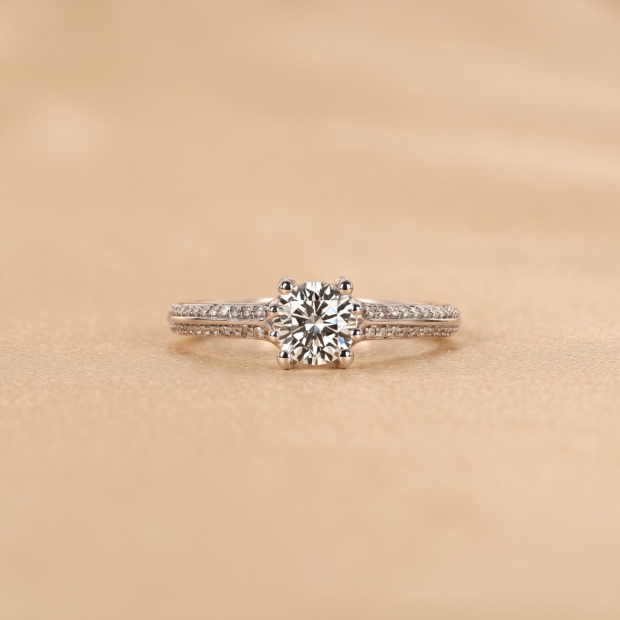 Round Lab Grown Diamond Ring with Pavé Accents in 14K White Gold 0.80 CTW