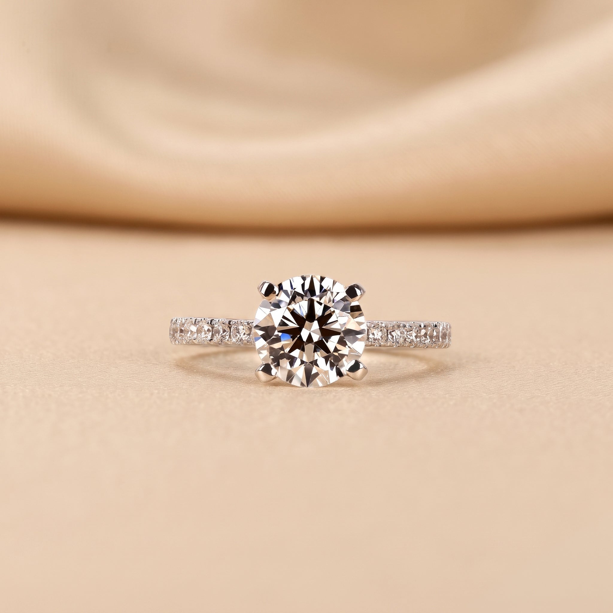 Round Lab Grown Diamond Ring with Pavé Band in 18K White Gold 2.25 CTW