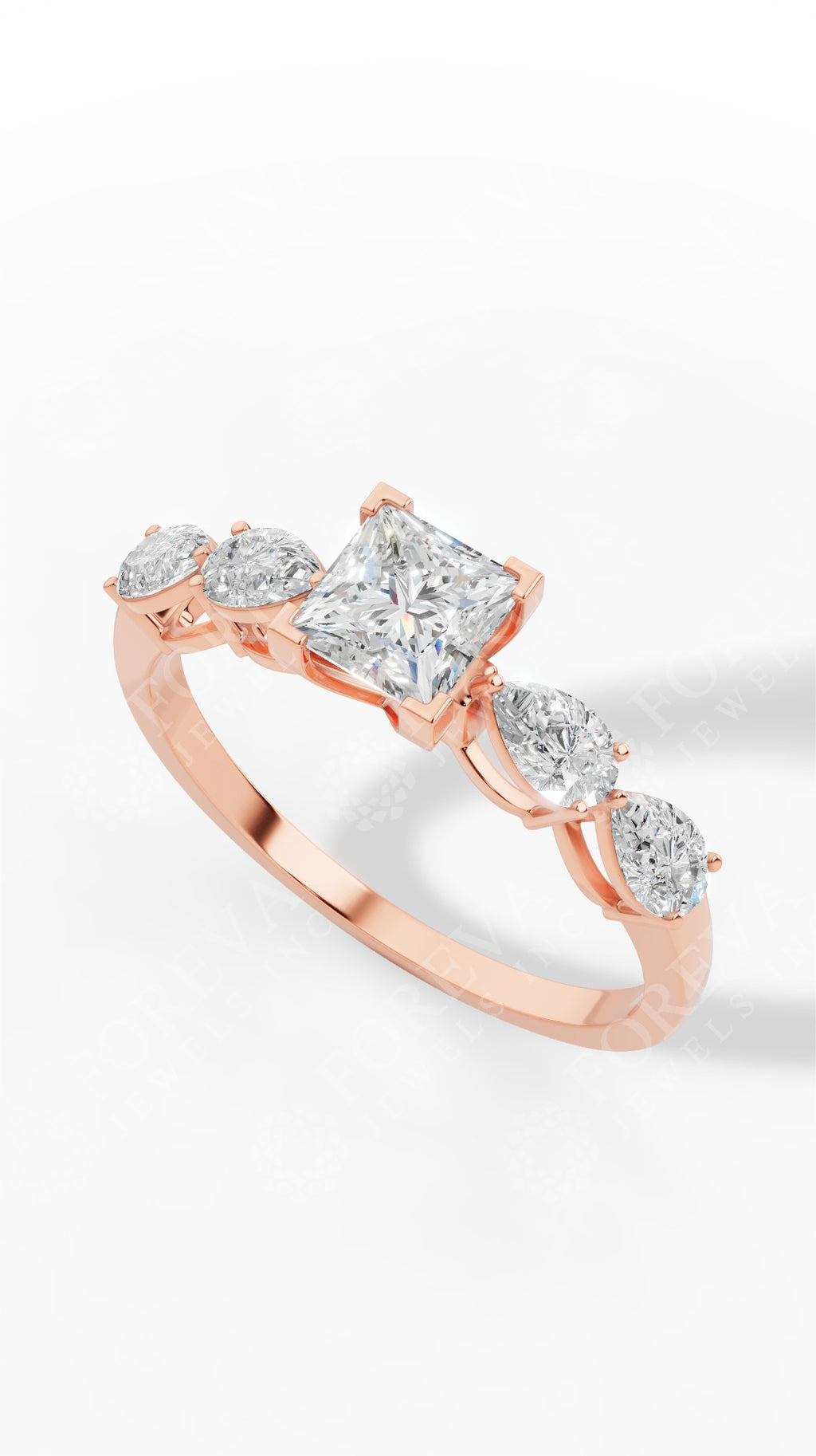 Solitaire Princess & Pear Cut Multi Stone Ring 18K Rose Gold 1.25 CTW