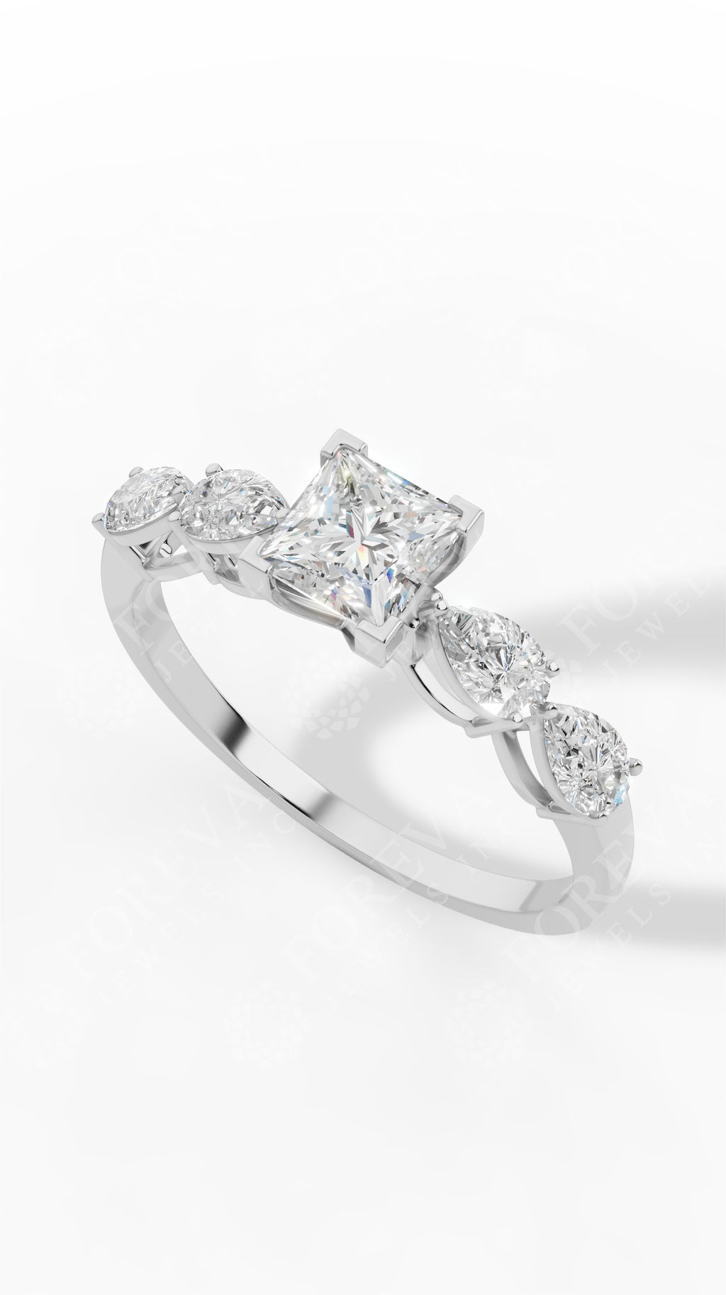Solitaire Princess & Pear Cut Multi Stone Ring 18K White Gold 1.25 CTW