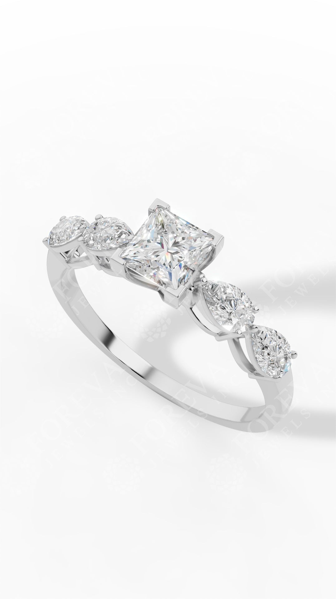 Solitaire Princess & Pear Cut Multi Stone Ring 18K White Gold 1.25 CTW