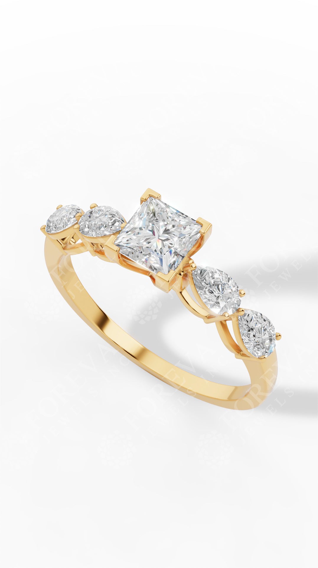 Solitaire Princess & Pear Cut Multi Stone Ring 18K Yellow Gold 1.25 CTW