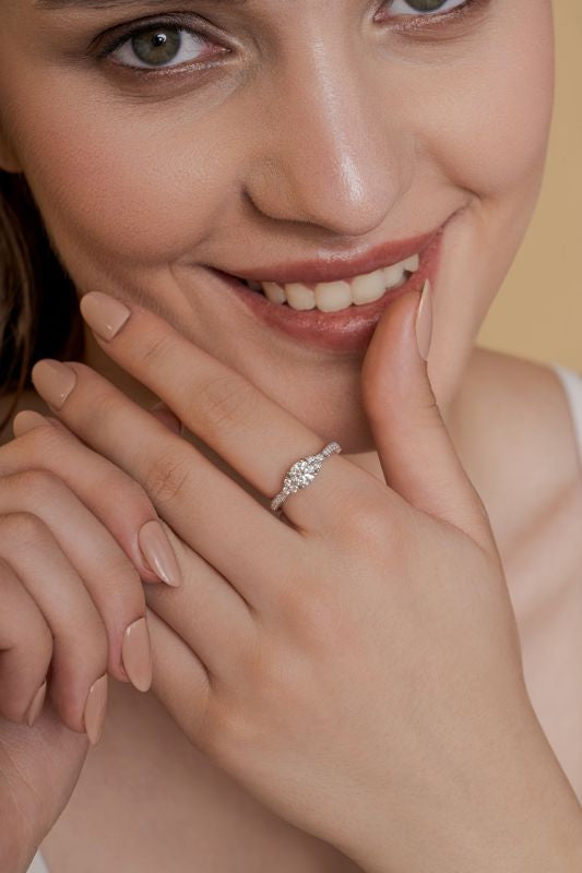 Solitaire Round Lab Grown Diamond Side Stone Ring in 18K Yellow Gold 0.95 CTW