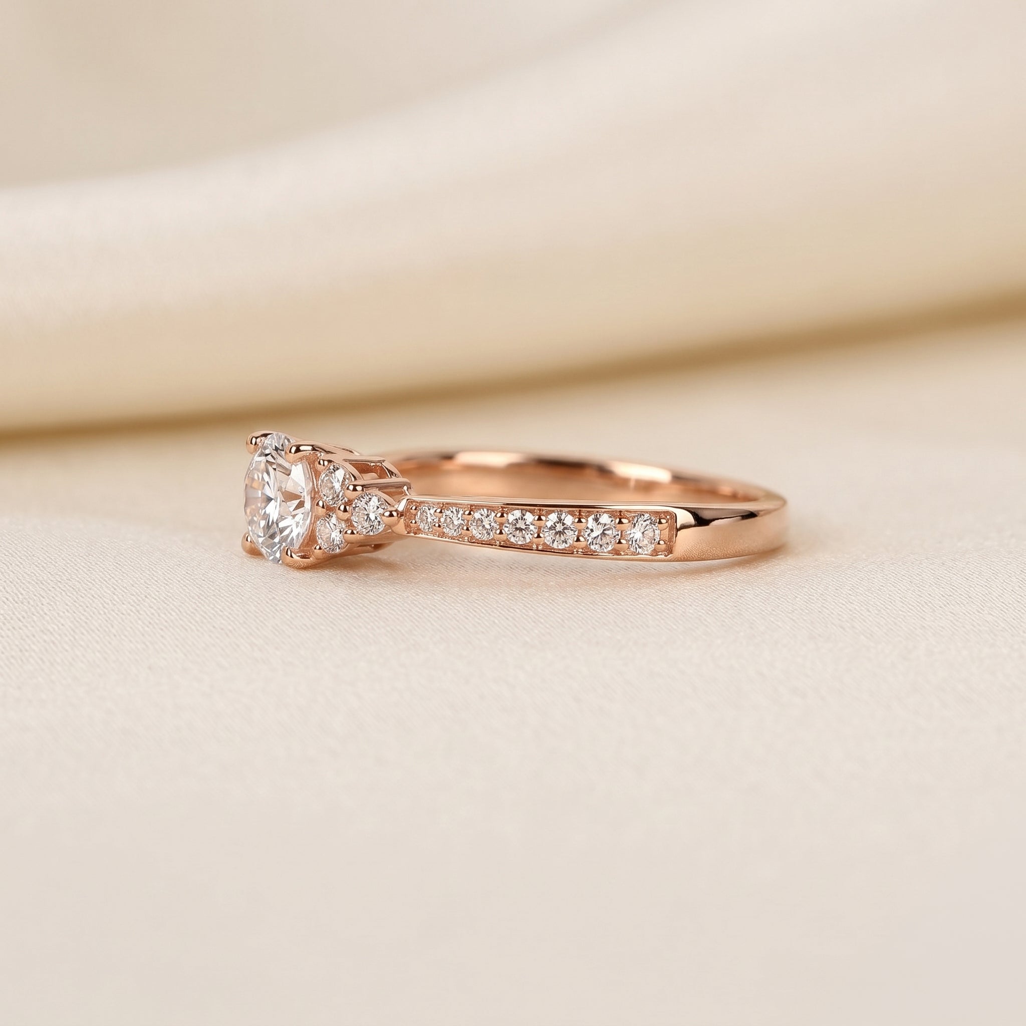 Solitaire Round Lab Grown Diamond Side Stone Ring in 10K Rose Gold 0.95 CTW