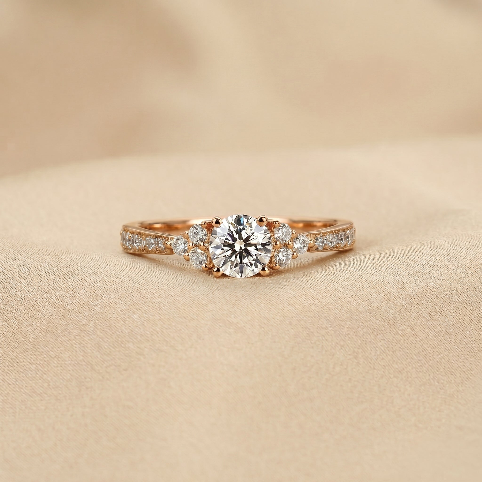 Solitaire Round Lab Grown Diamond Side Stone Ring in 10K Rose Gold 0.95 CTW