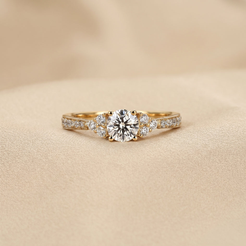 Solitaire Round Lab Grown Diamond Side Stone Ring in 10K Yellow Gold 0.95 CTW