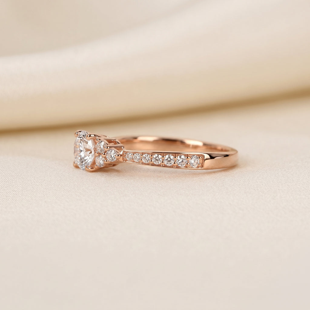 Solitaire Round Lab Grown Diamond Side Stone Ring in 14K Rose Gold 0.95 CTW