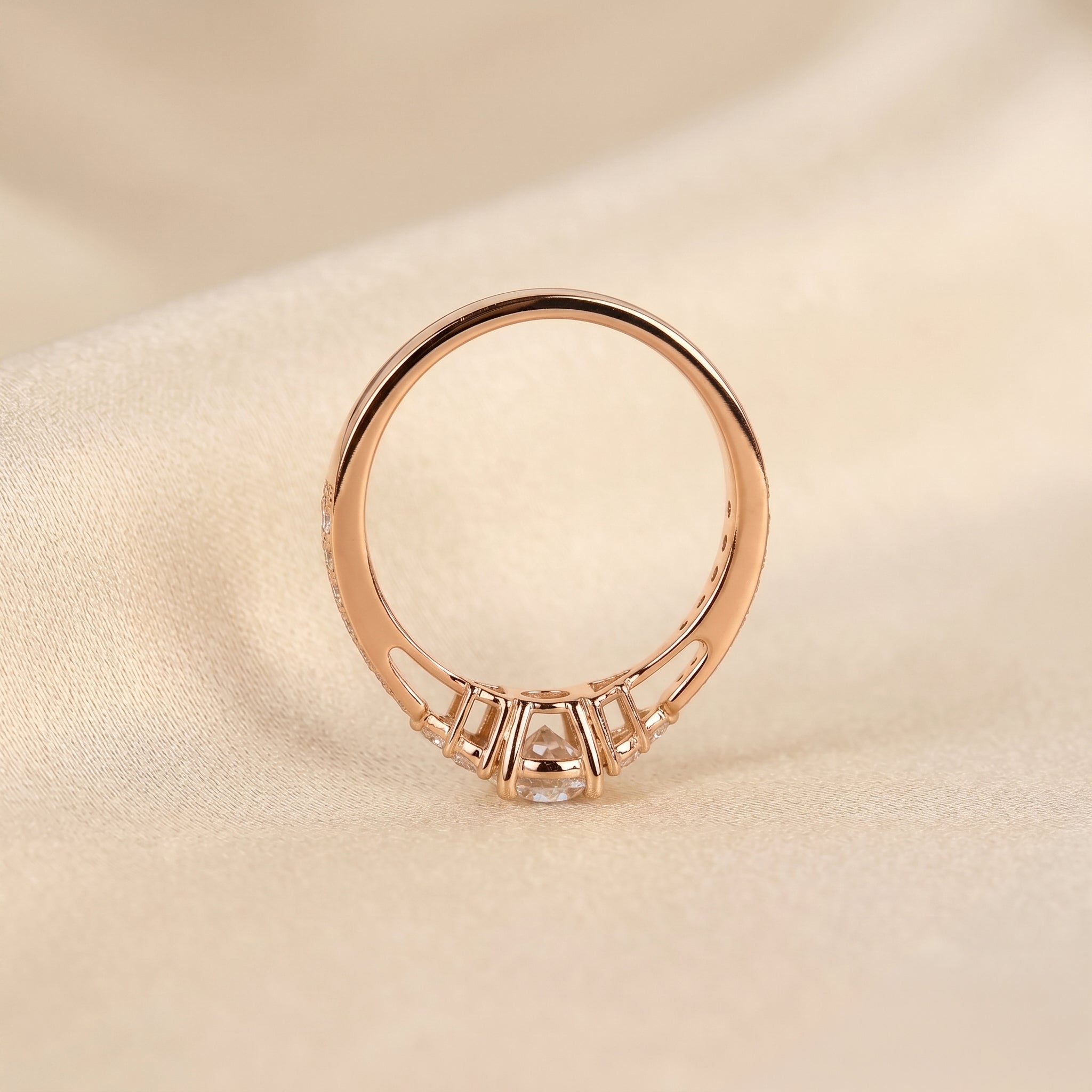 Solitaire Round Lab Grown Diamond Side Stone Ring in 14K Rose Gold 0.95 CTW