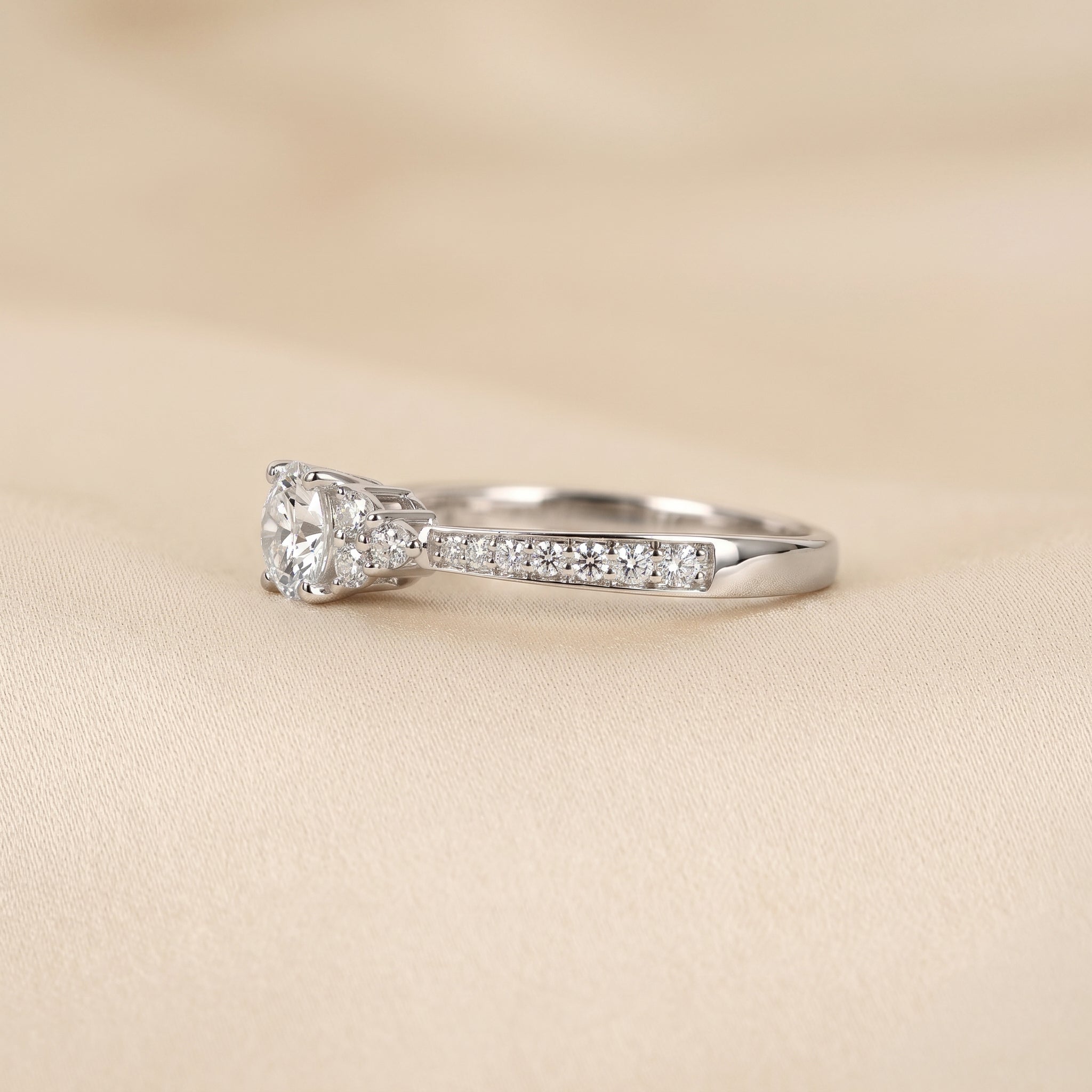 Solitaire Round Lab Grown Diamond Side Stone Ring in 14K White Gold 0.95 CTW