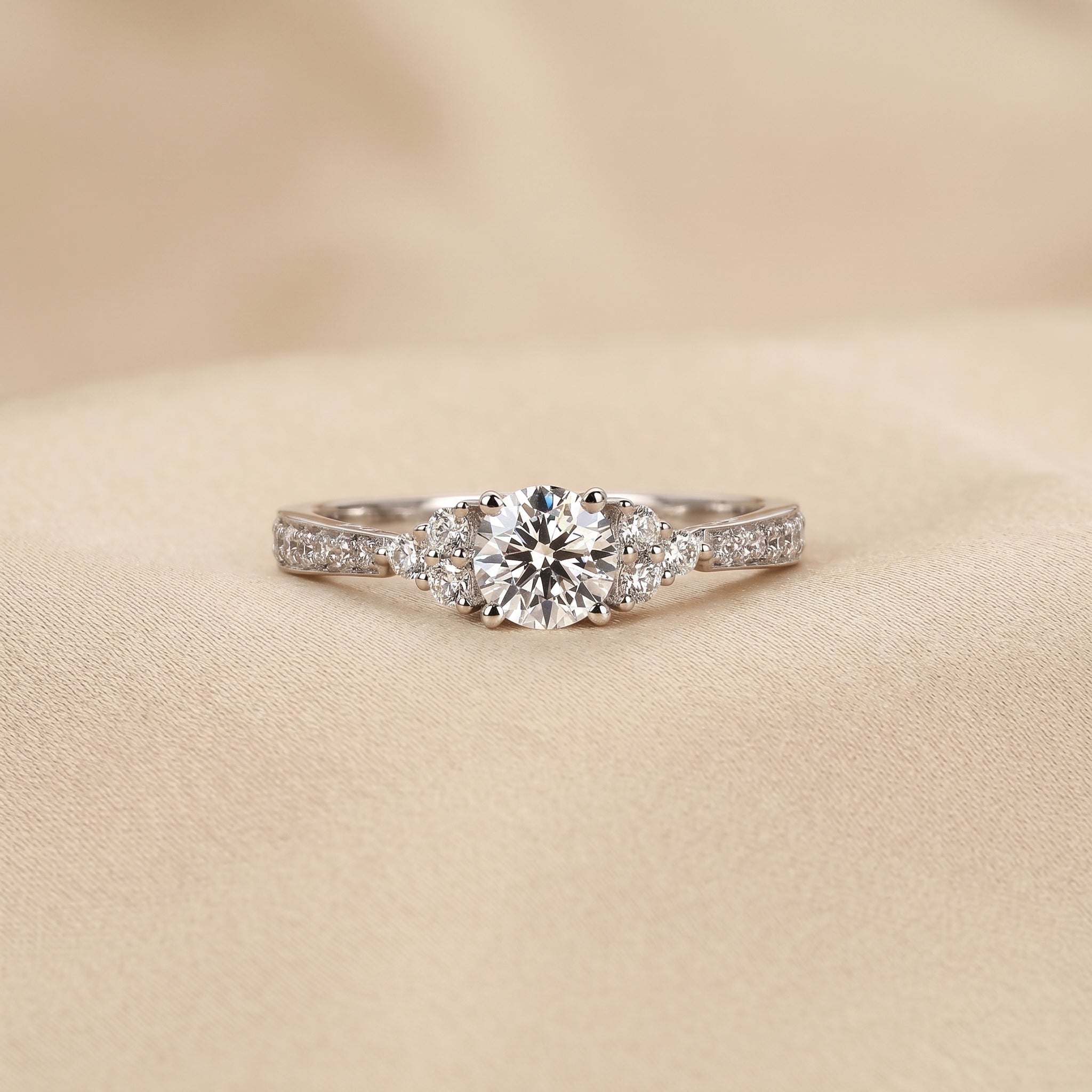 Solitaire Round Lab Grown Diamond Side Stone Ring in 14K White Gold 0.95 CTW